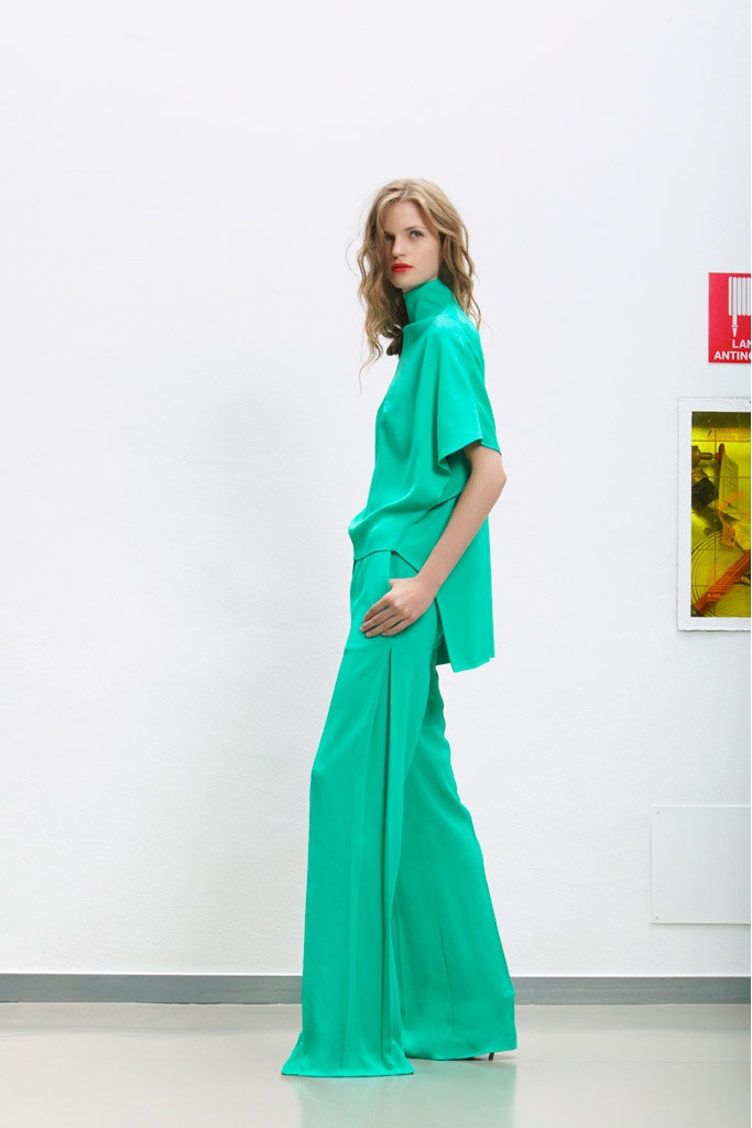 green silk relaxed top and pants