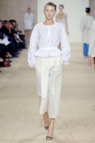 white fitted blouse and relaxed pants