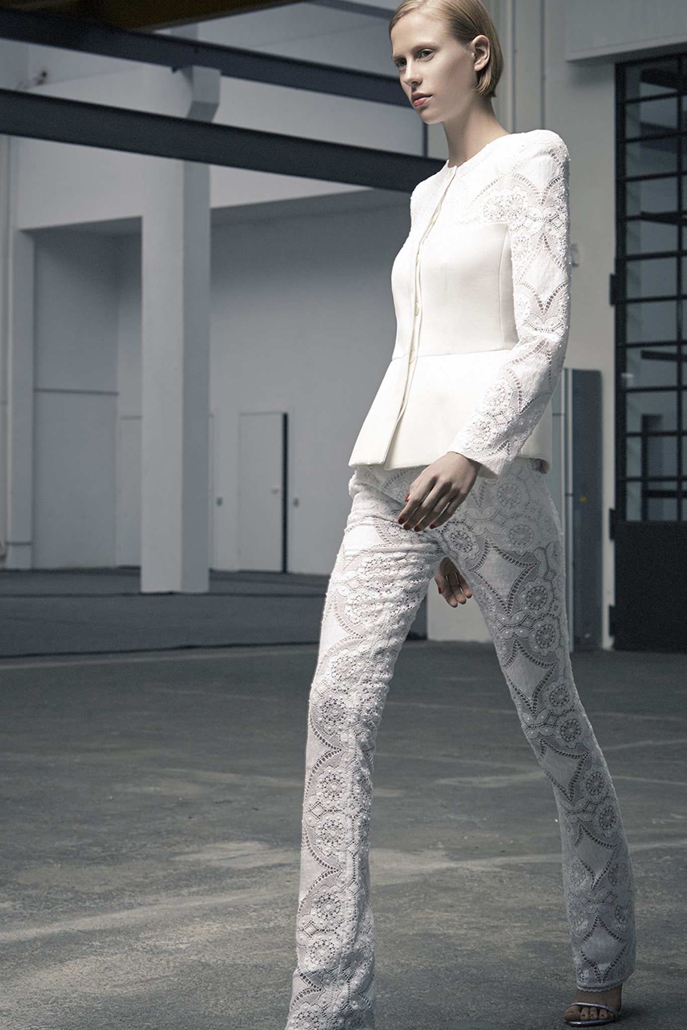 white lace fitted flared pants