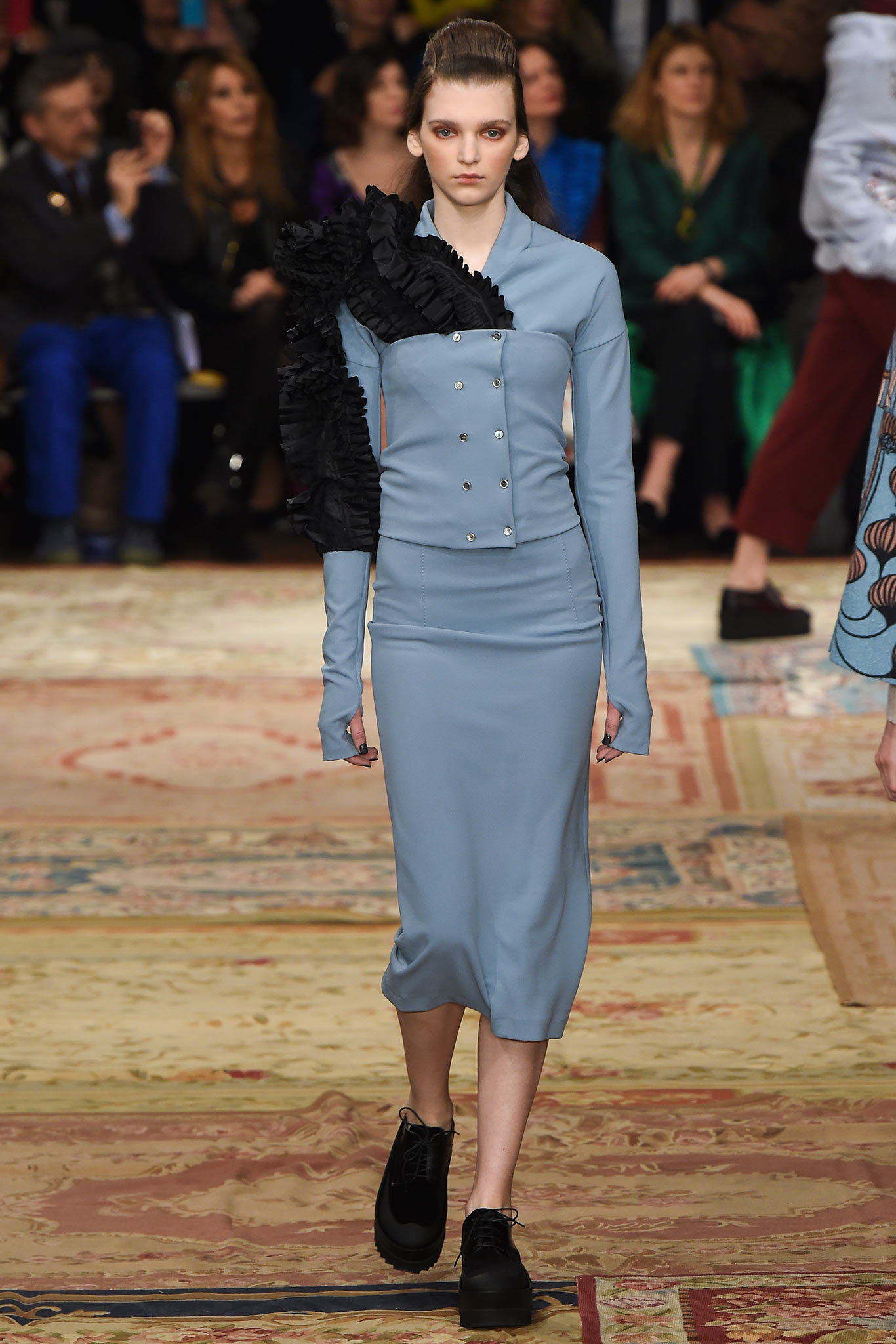 blue cotton long-sleeve collared fitted ruffled buttoned dress