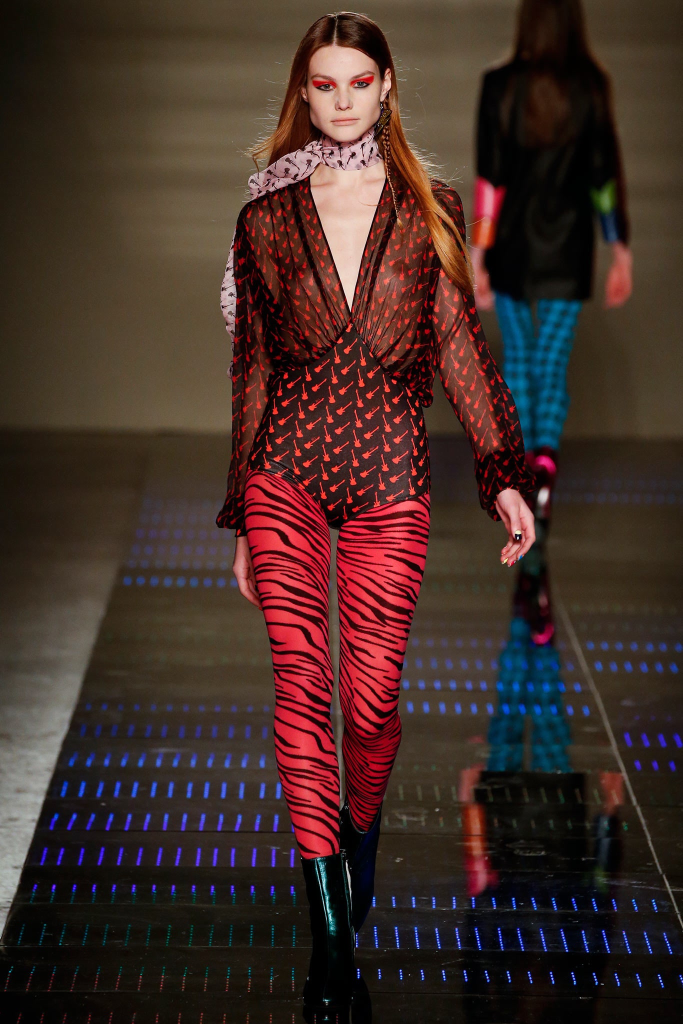 red chiffon long-sleeve v-neck fitted printed sheer blouse