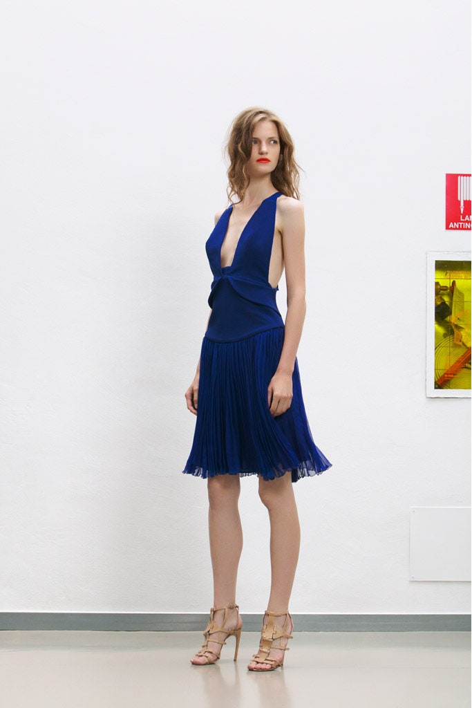 blue silk sleeveless v-neck fitted pleated mini dress