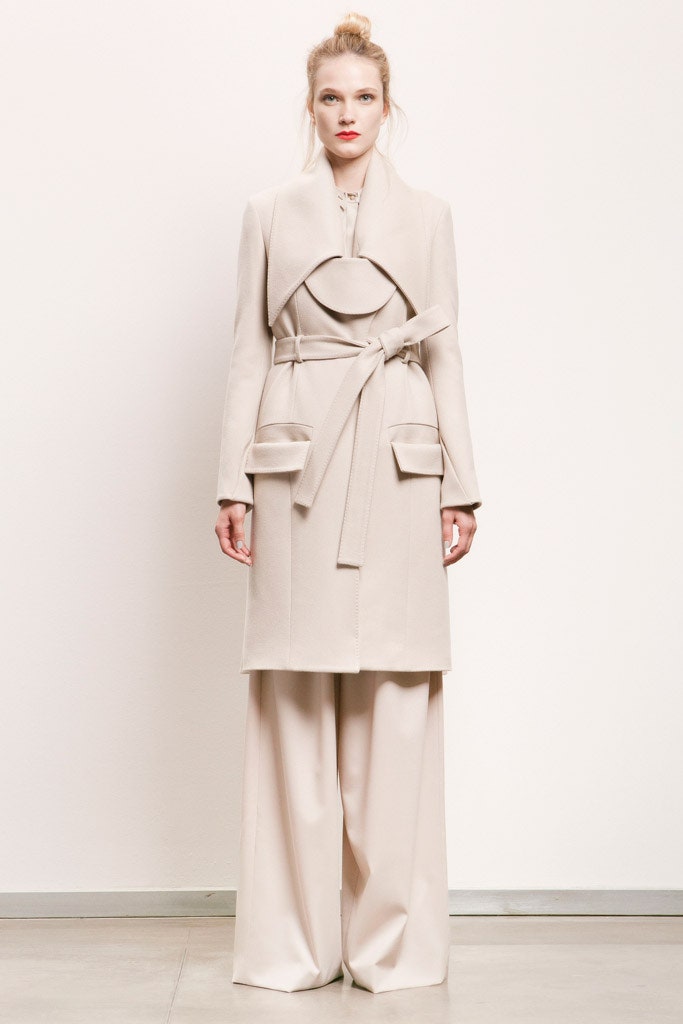 beige wool long-sleeve collared fitted belted layered coat