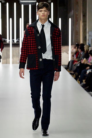 red and black checked jacket with white shirt