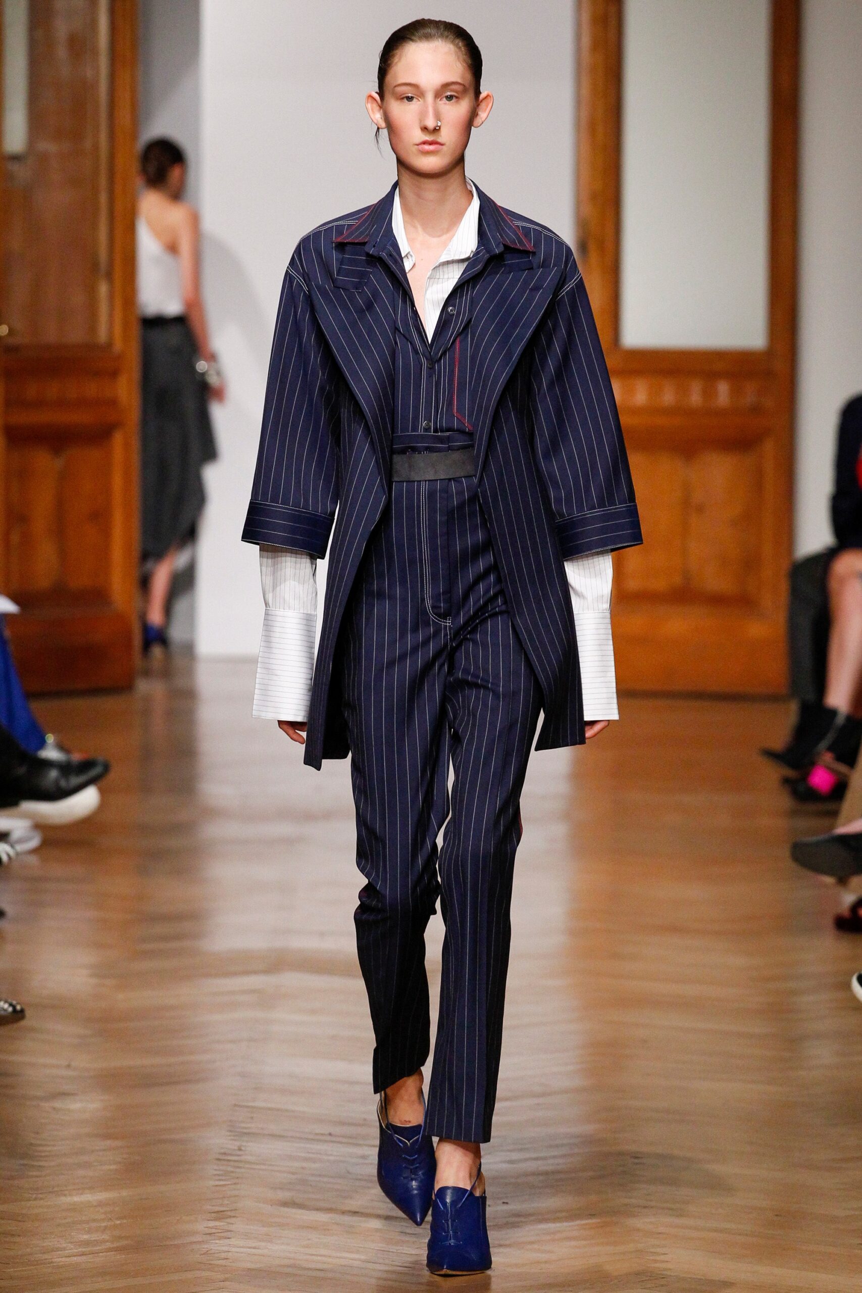 blue cotton long-sleeve collared tailored striped suit