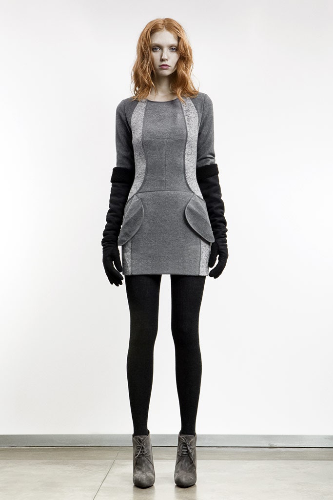 gray cotton long-sleeve high-neck fitted structured pockets dress