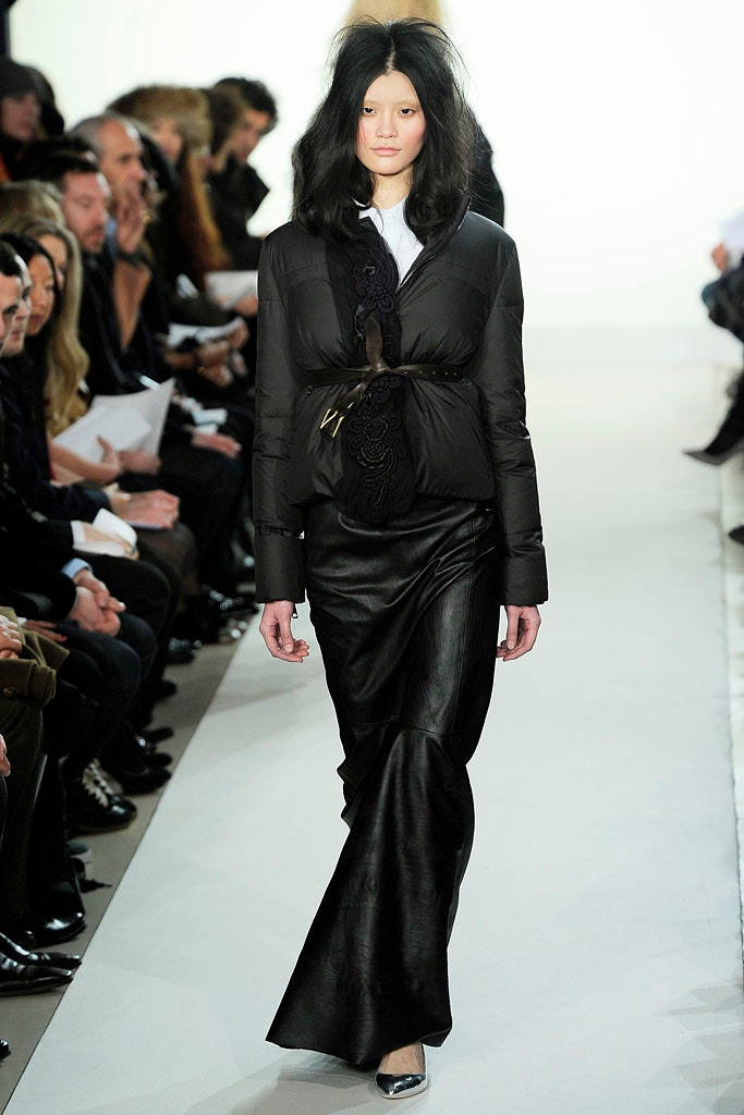black silk jacket and leather skirt