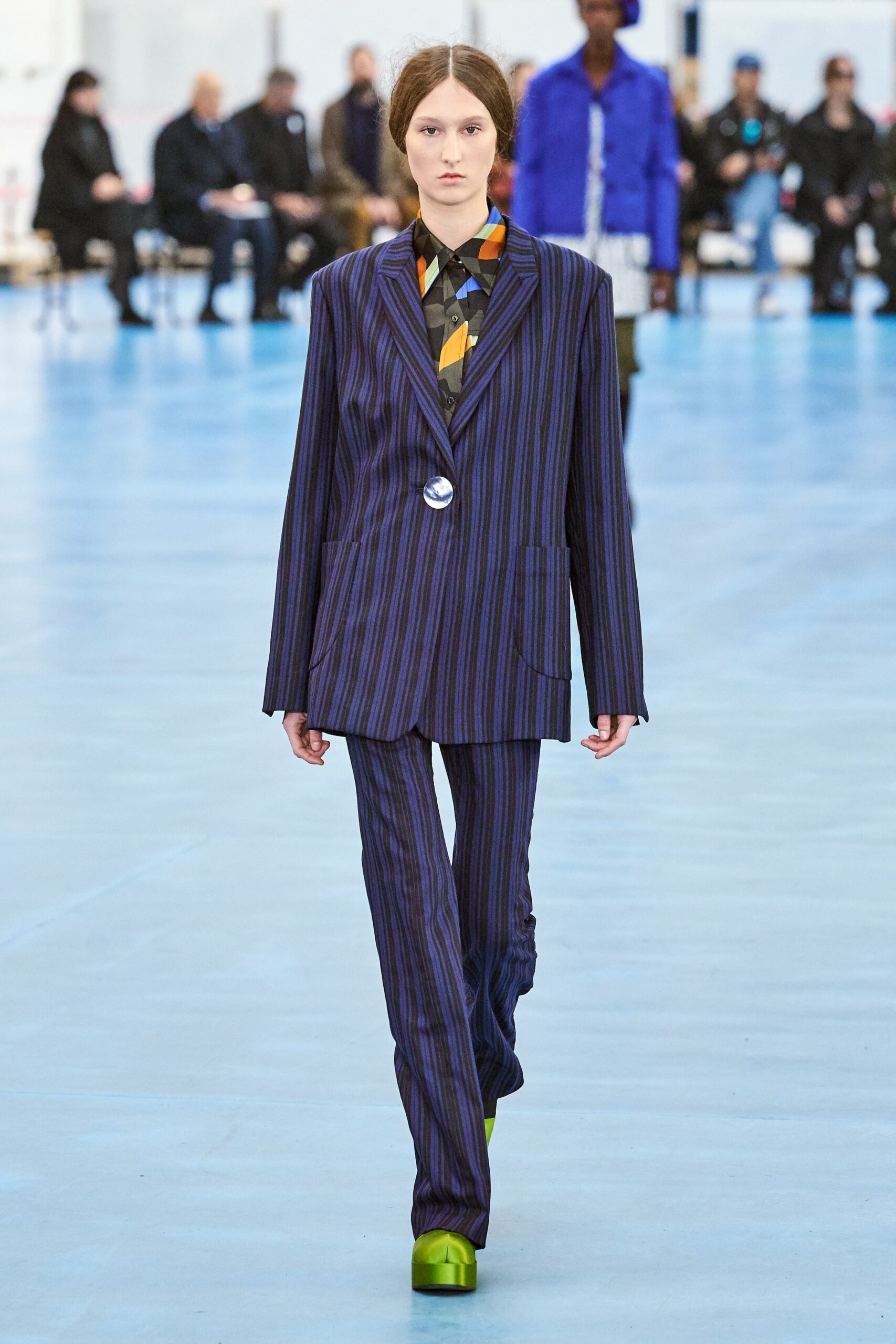 purple striped tailored suit