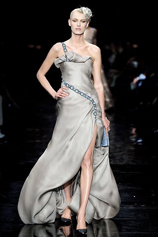 fitted gray silk gown