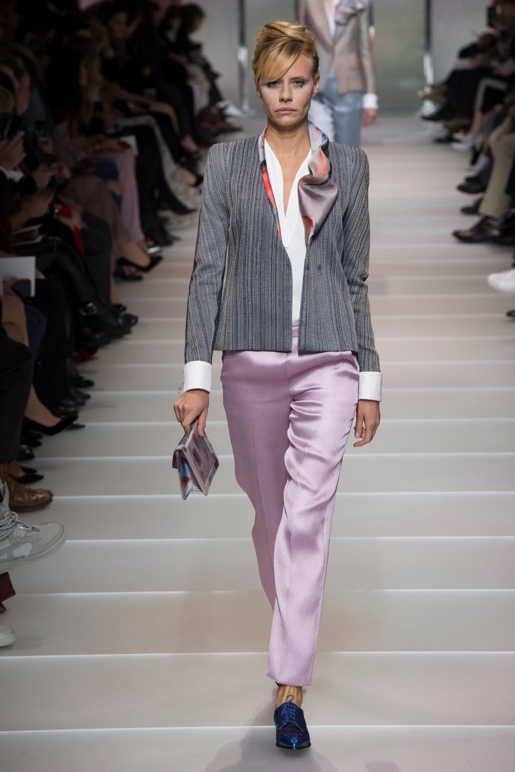 tailored gray blazer with pink pants