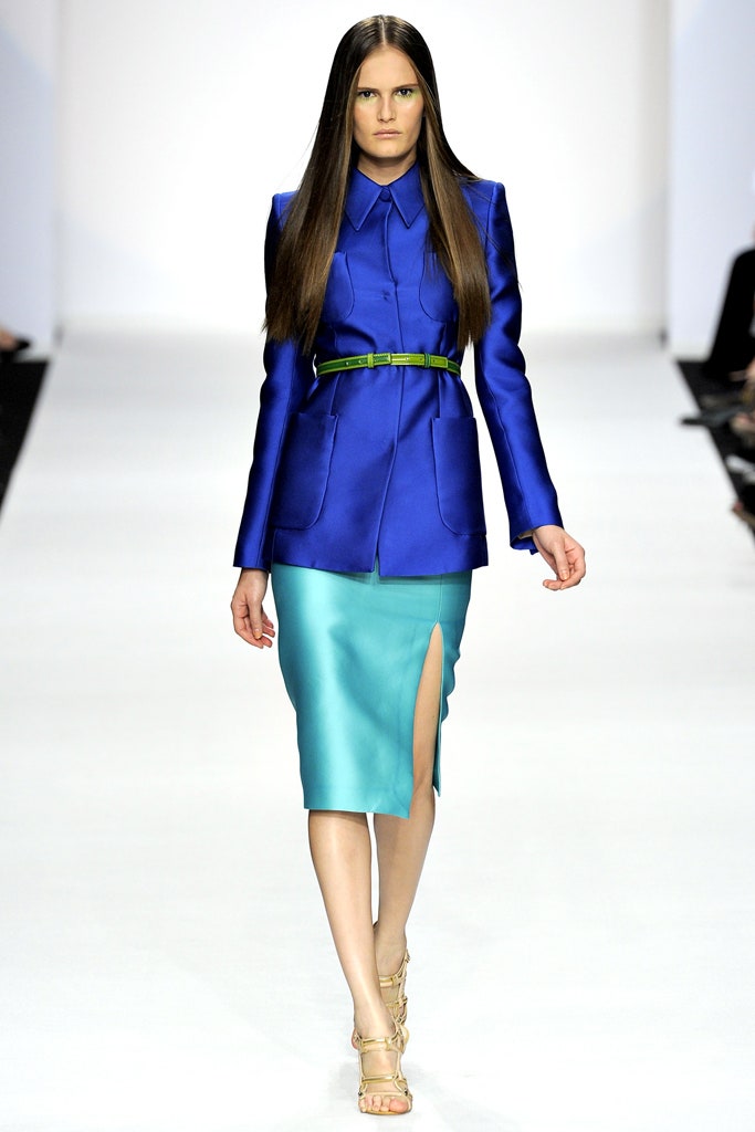 blue silk tailored blazer with aqua skirt