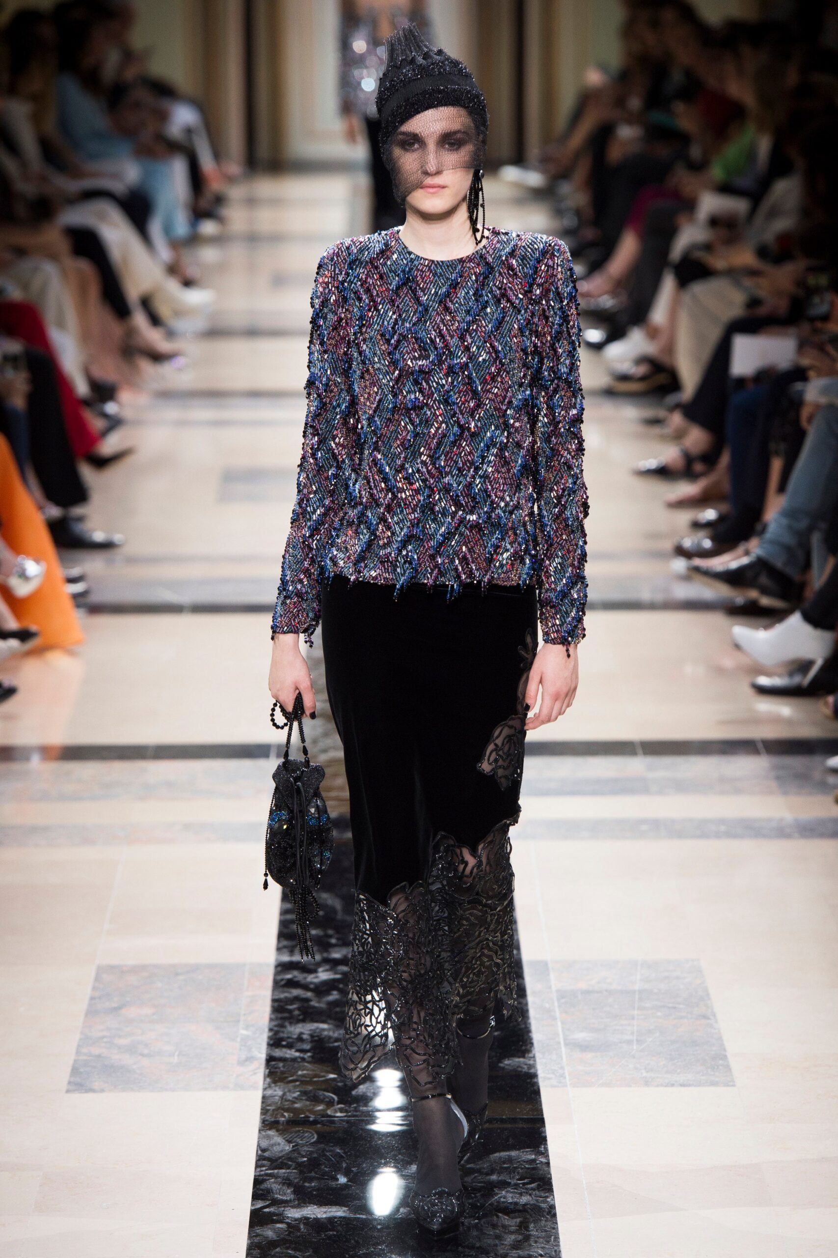 fitted sequined top and velvet skirt