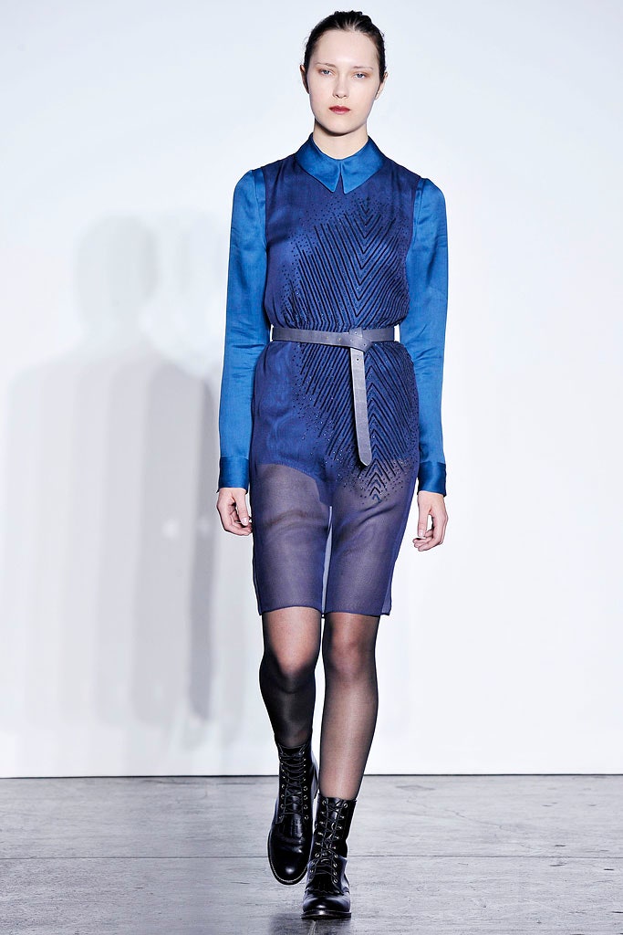 blue silk sleeveless collared fitted pleated sheer dress