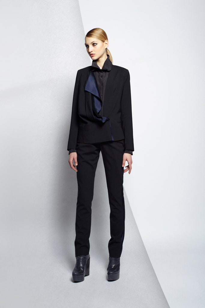 black fitted blazer and slim pants