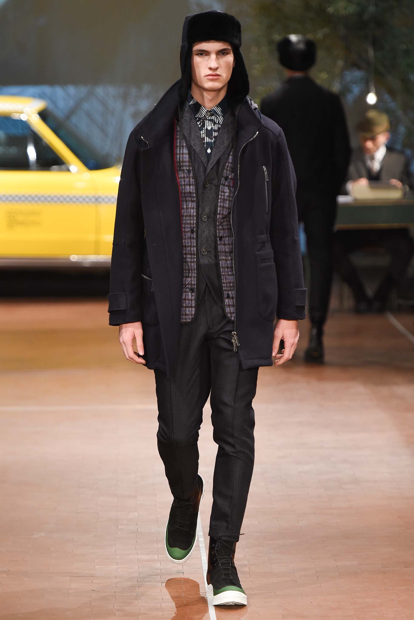black wool coat with gray vest
