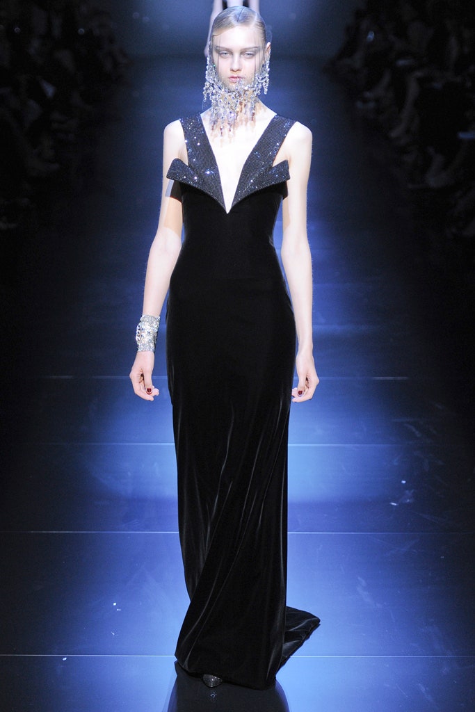 fitted black velvet gown
