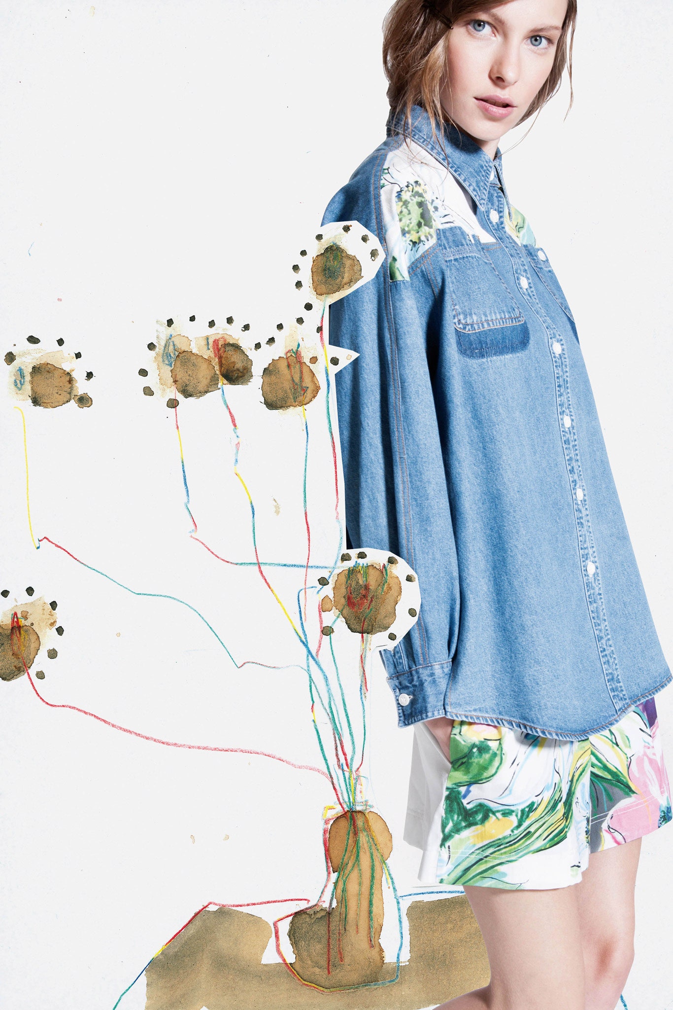denim shirt with floral shorts