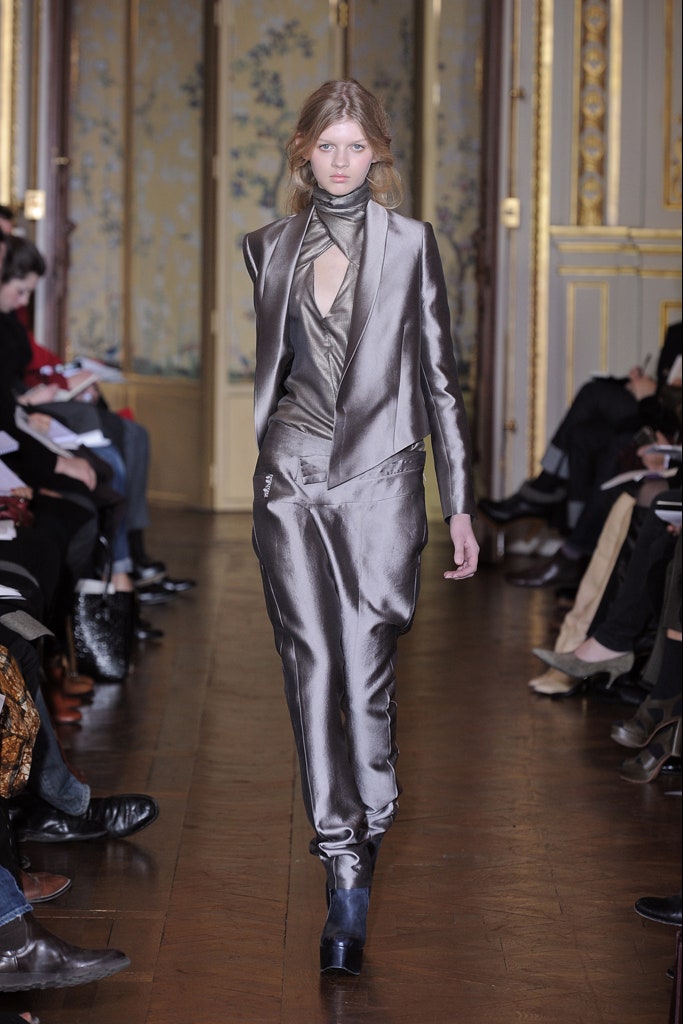 fitted gray silk suit