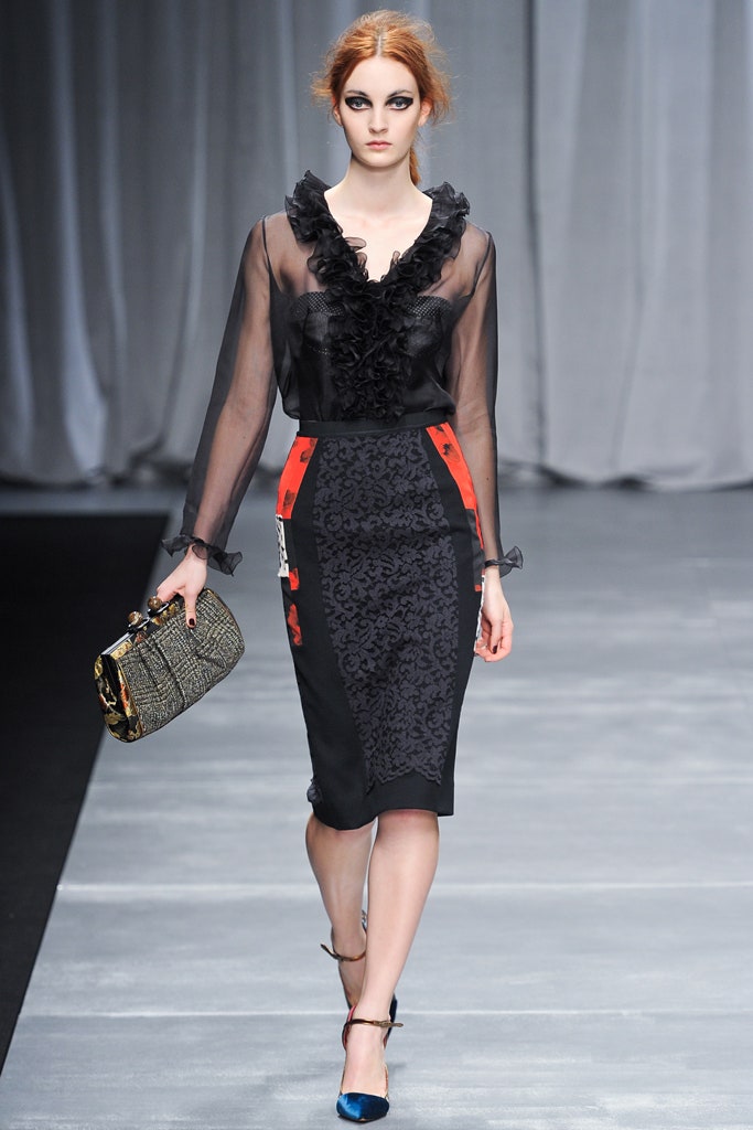 black silk ruffled blouse and pencil skirt
