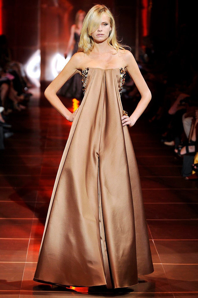 brown silk strapless gown
