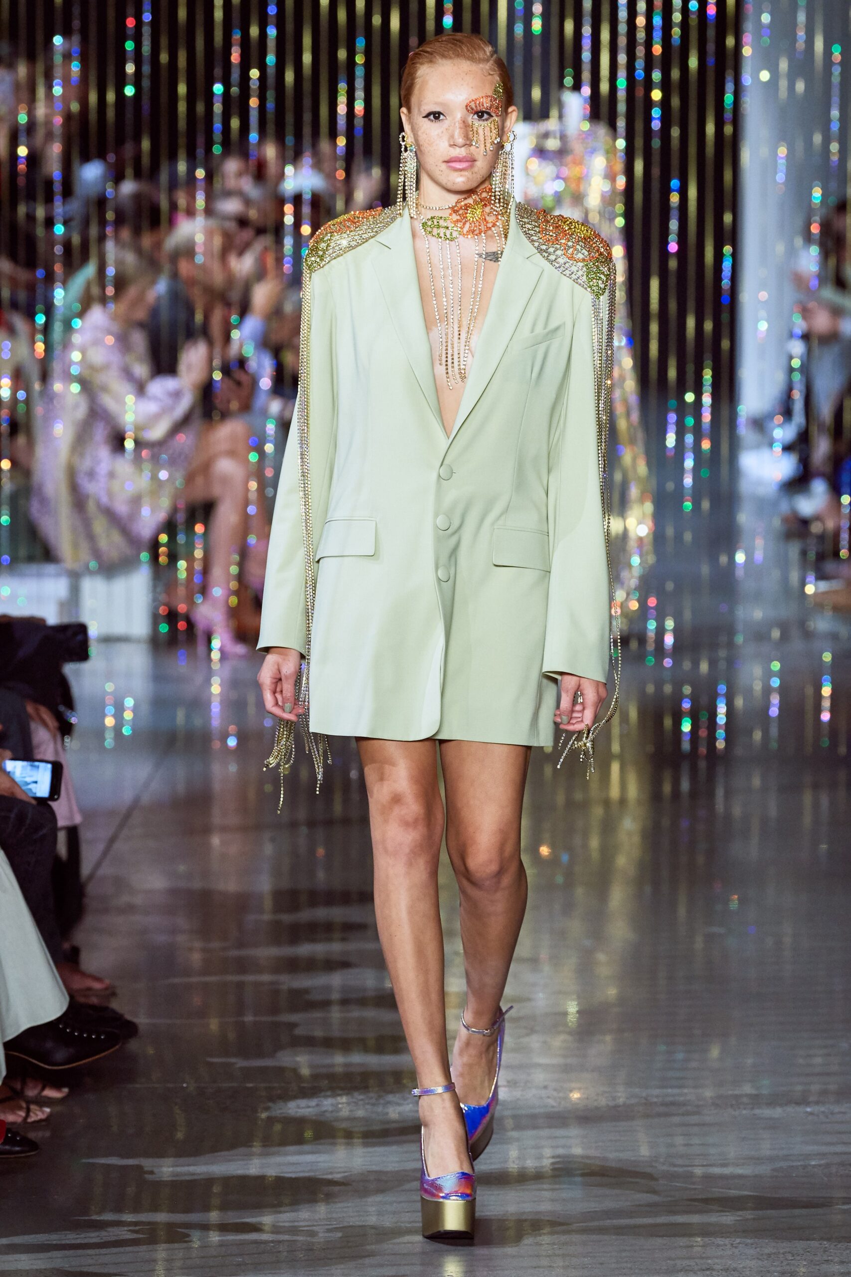 green silk long-sleeve v-neck fitted buttoned embellished blazer