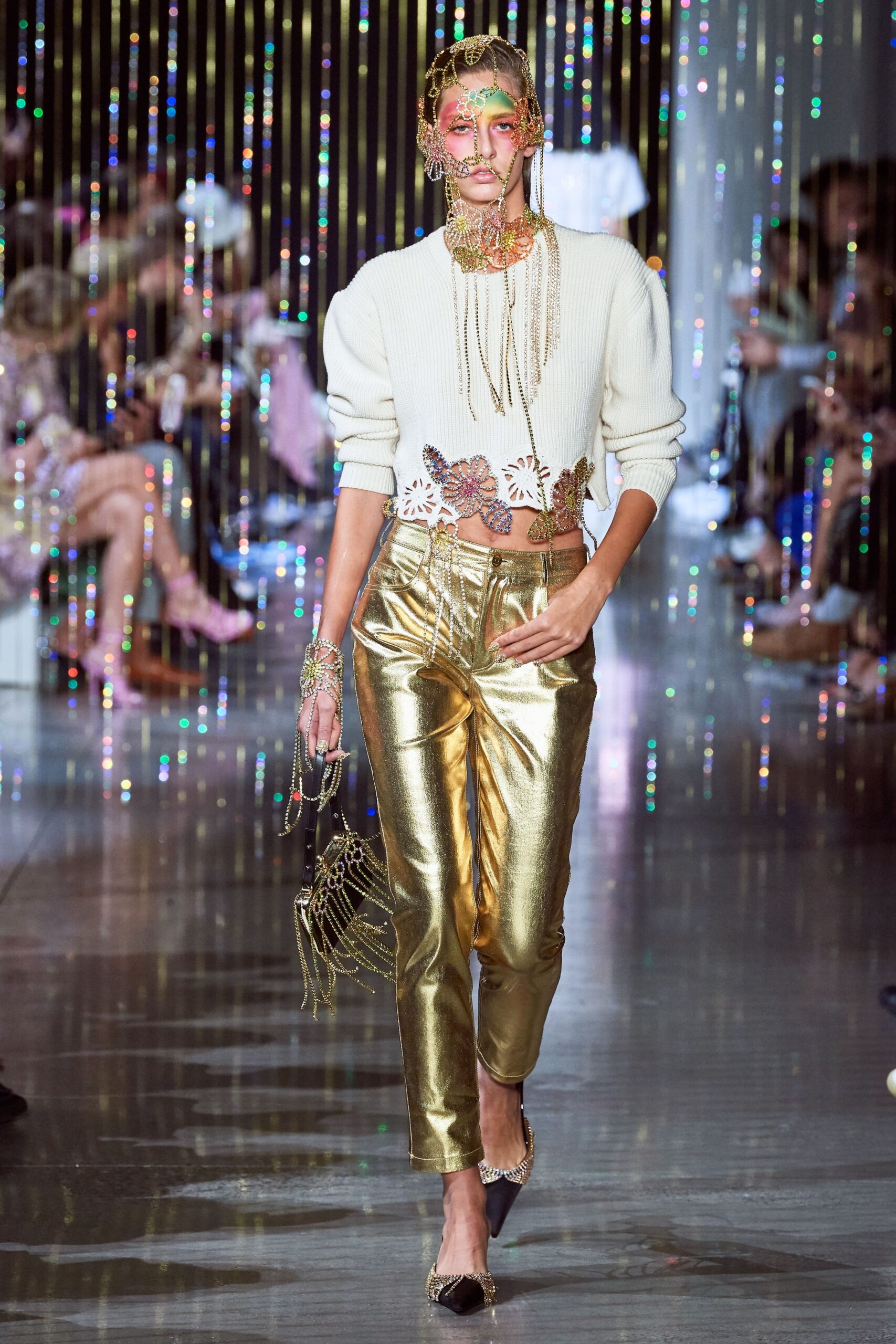 gold silk slim straight-leg shiny pants
