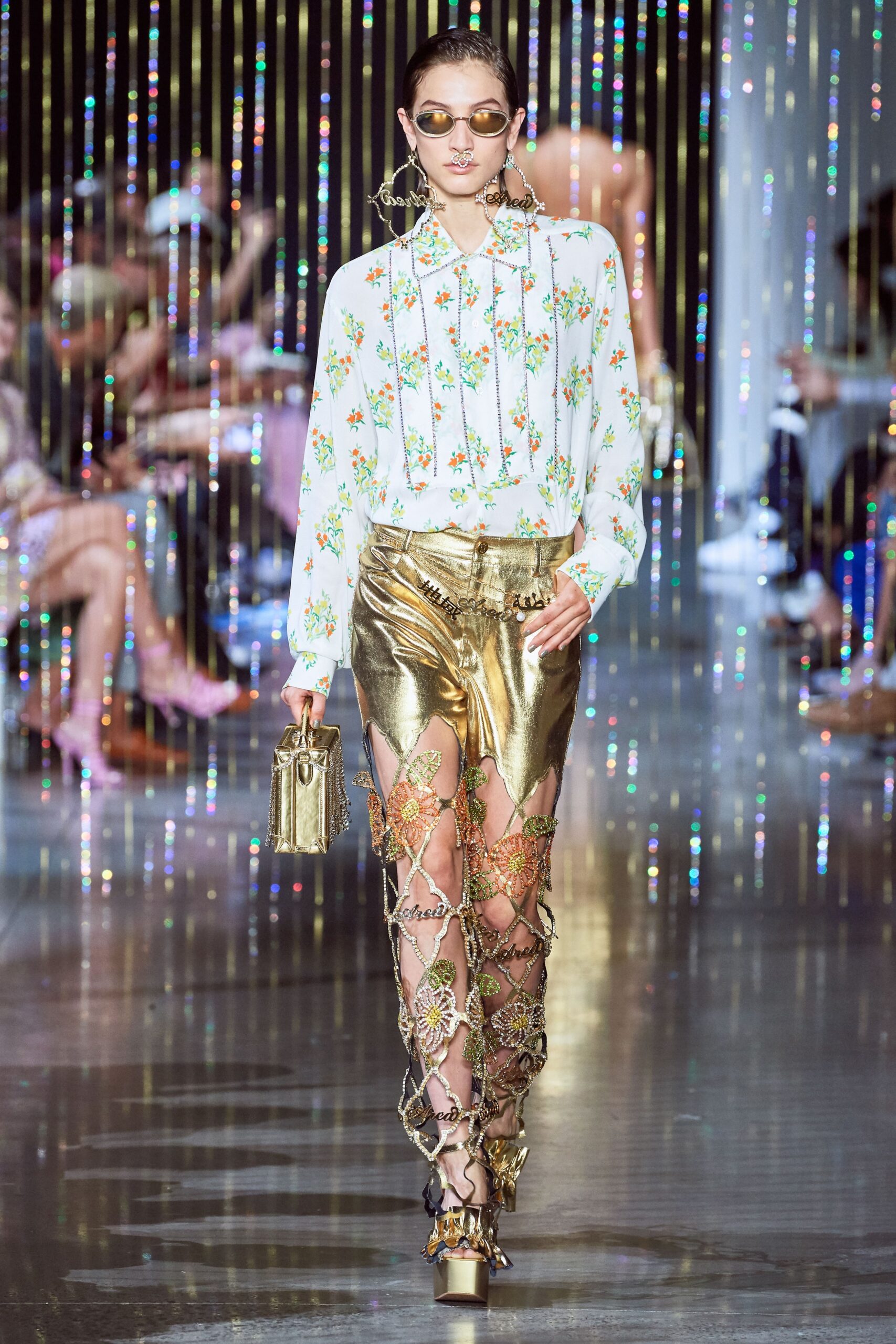 gold vinyl fitted flared zippered shiny pants