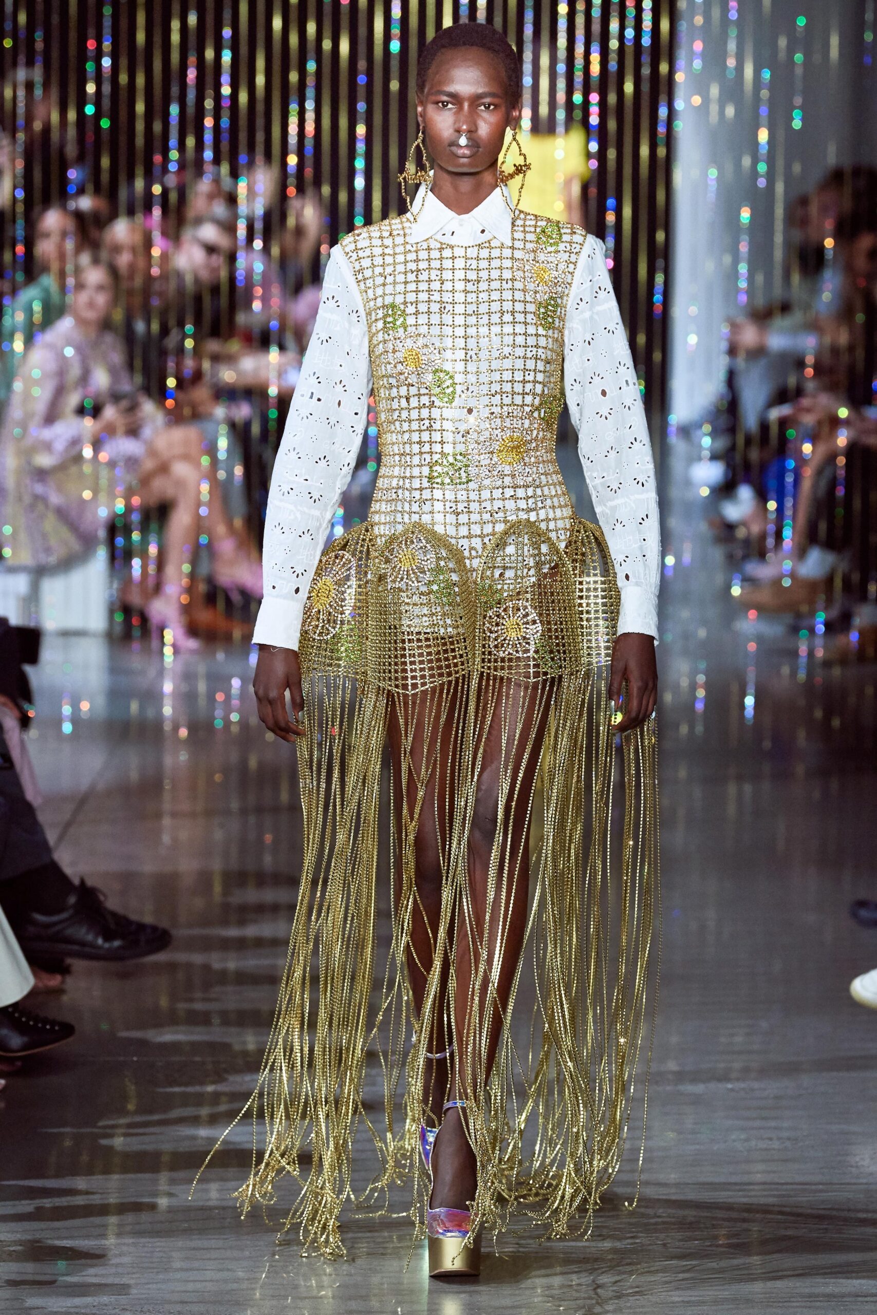 white and gold fringed dress