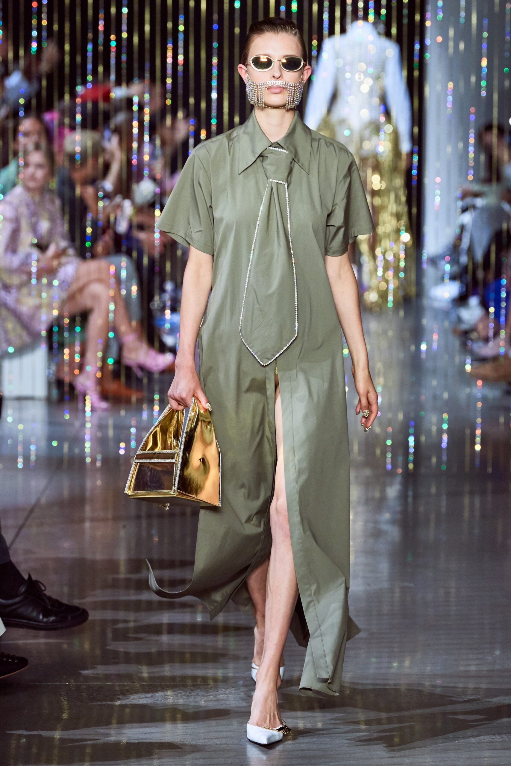 green silk short-sleeve collared fitted buttoned midi dress