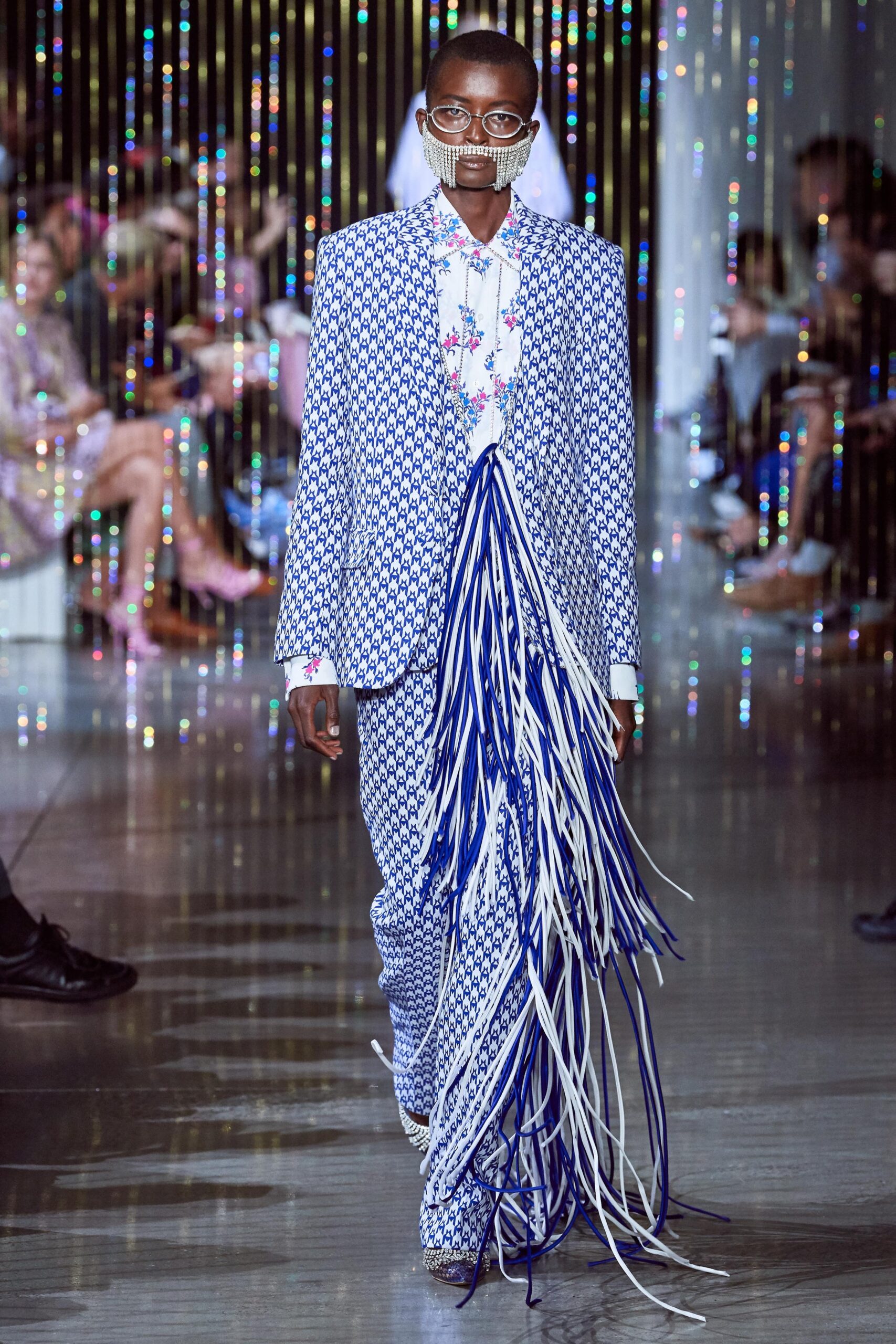 blue long-sleeve collared tailored printed fringed suit