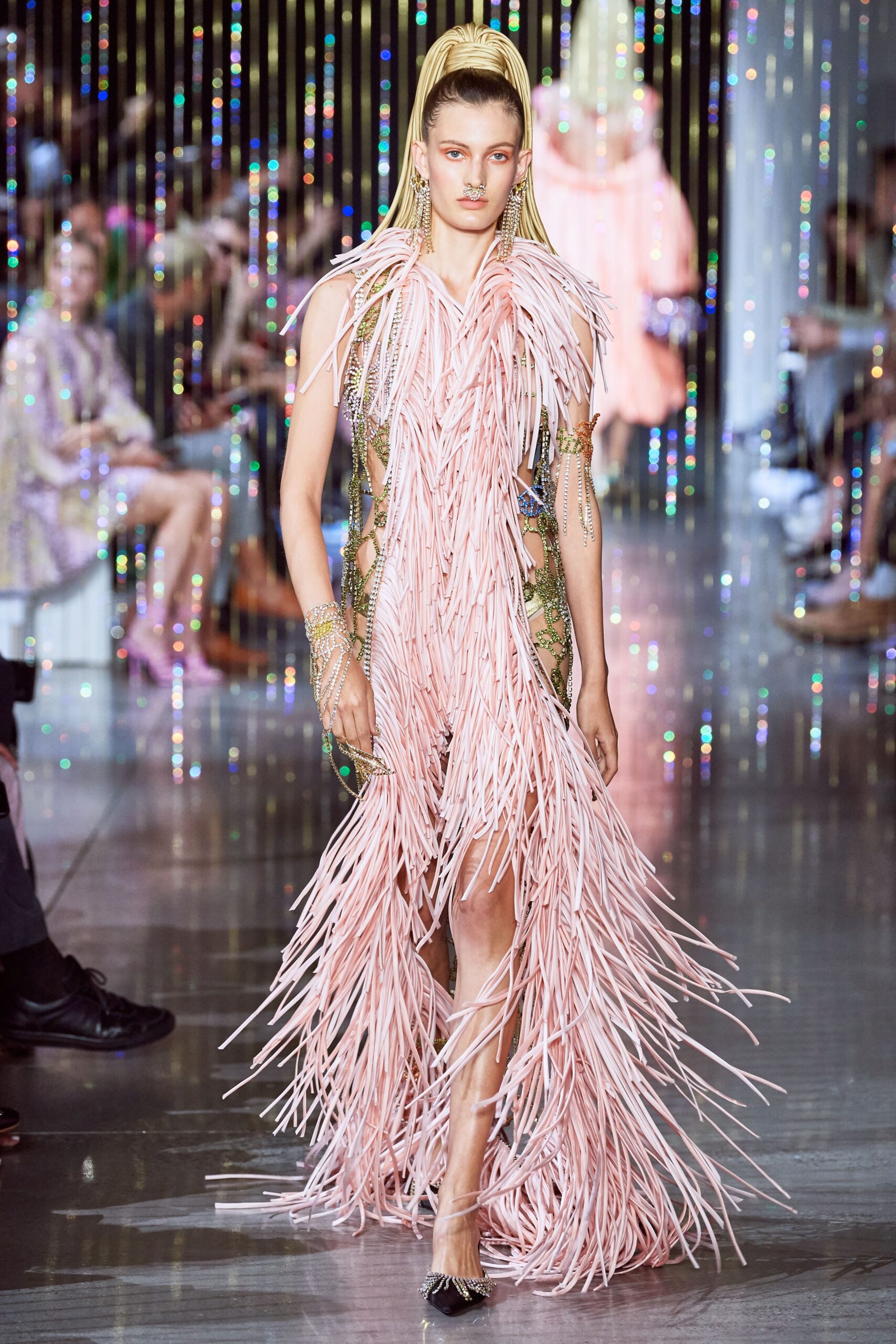 pink fringed midi dress