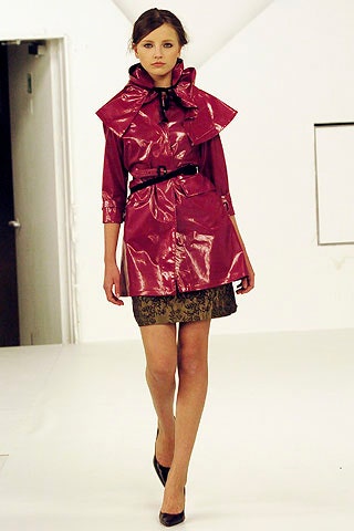 red vinyl long-sleeve collared fitted zippered belted coat