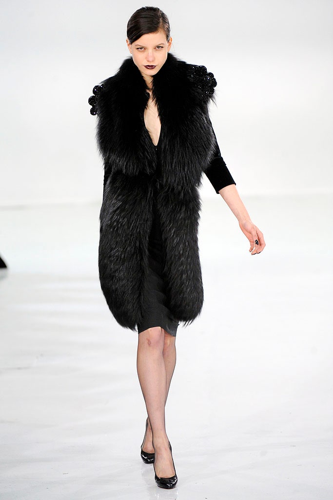 black silk midi dress with fur cape