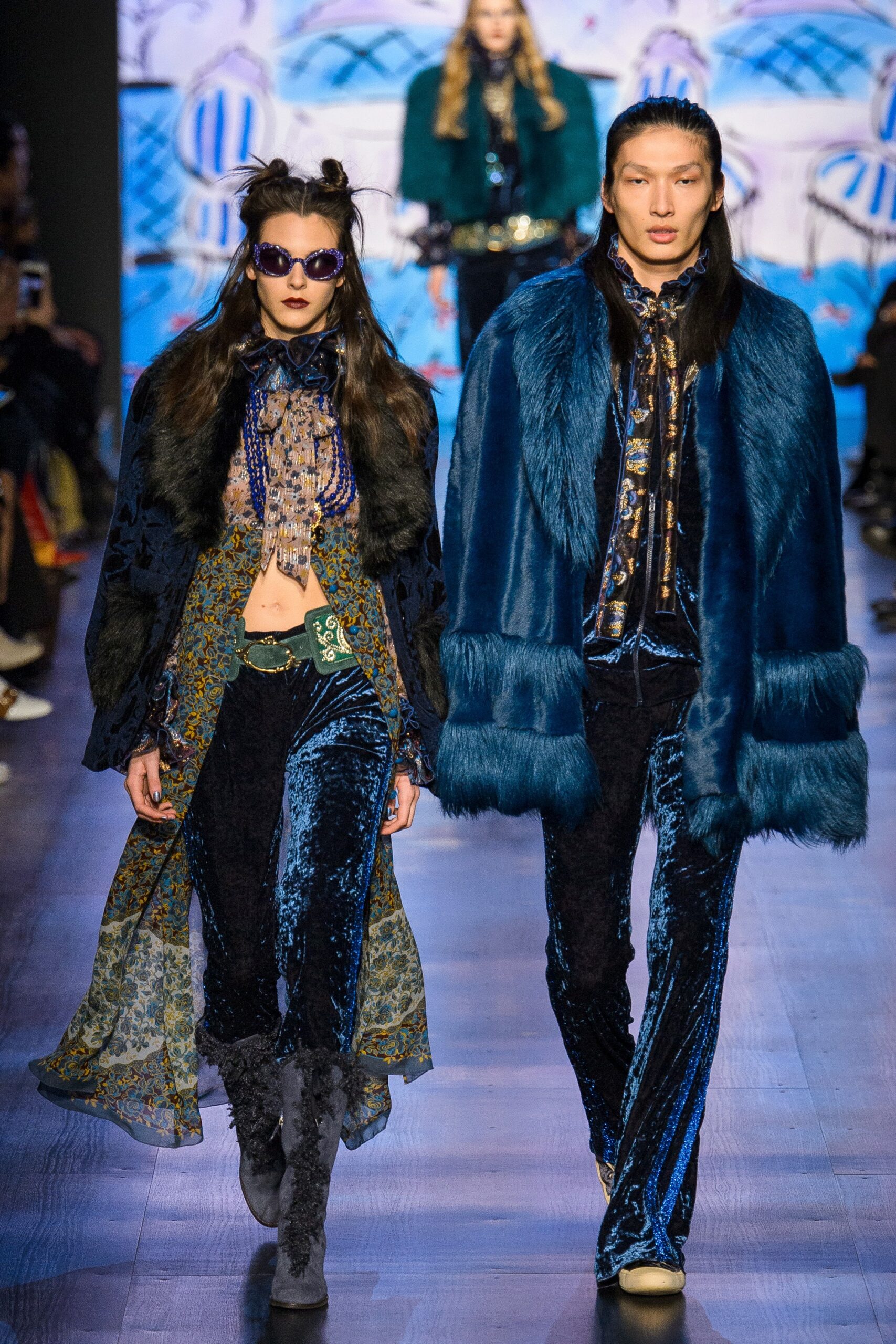 black fur coat with blue velvet pants