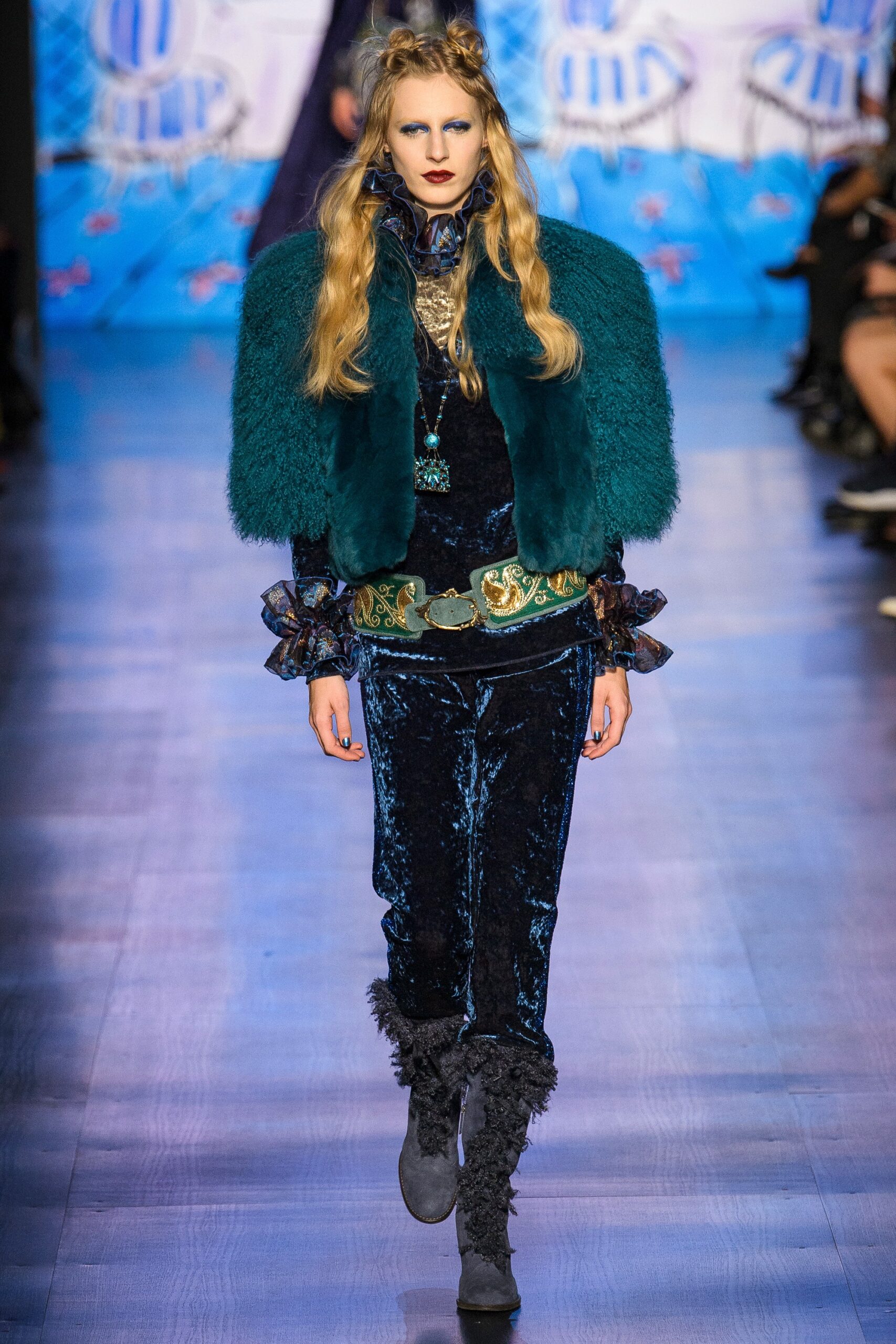 teal faux-fur jacket with velvet outfit