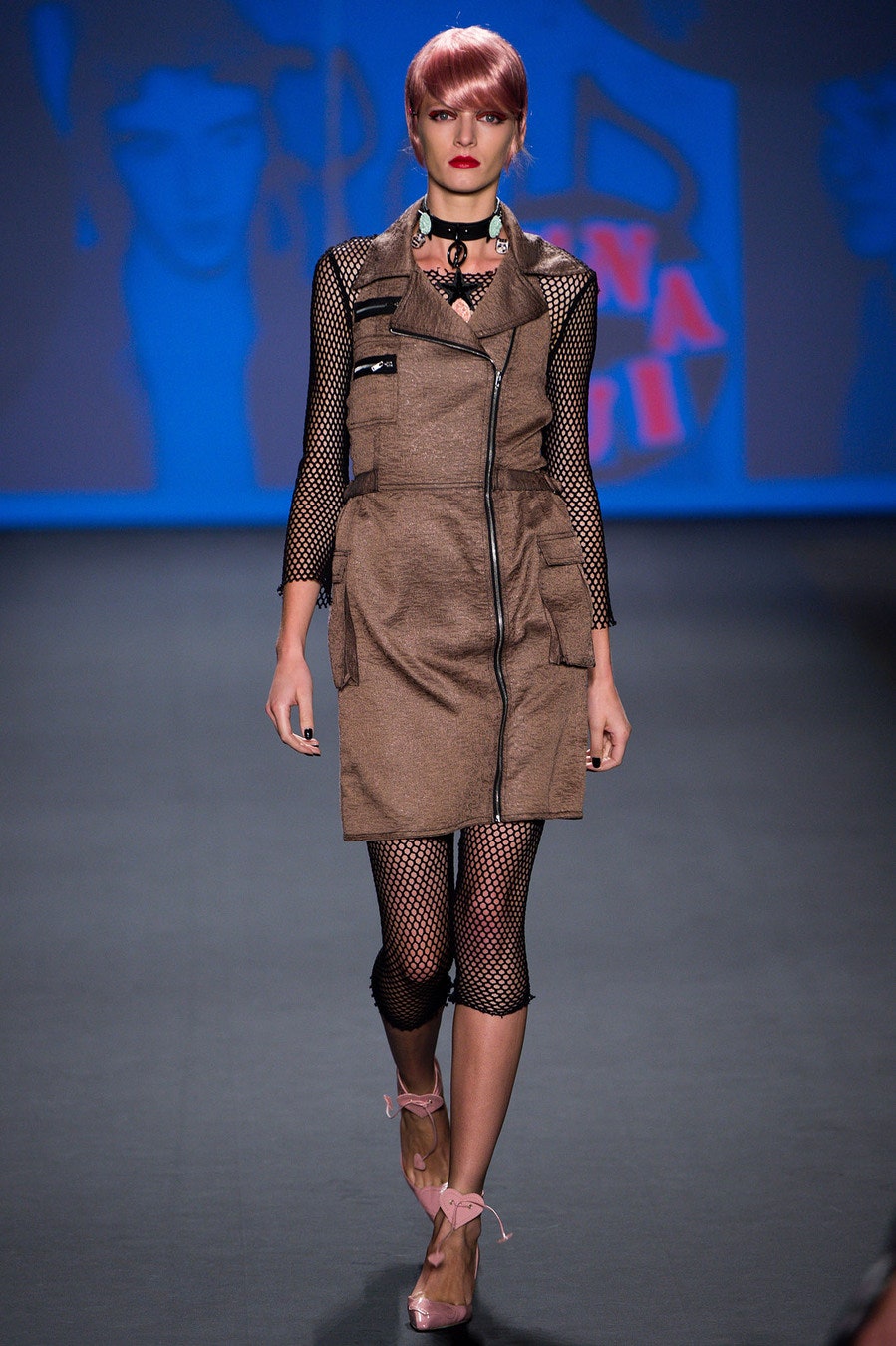 brown cotton long-sleeve collared fitted zippered pencil dress