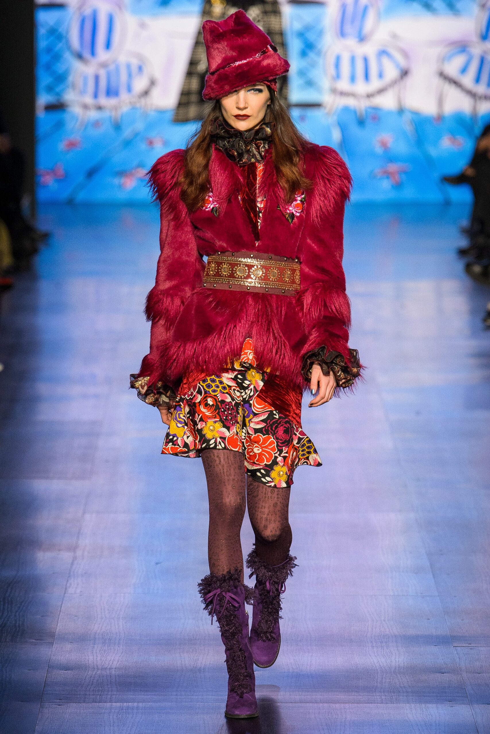red fur long-sleeve fitted ruffled coat