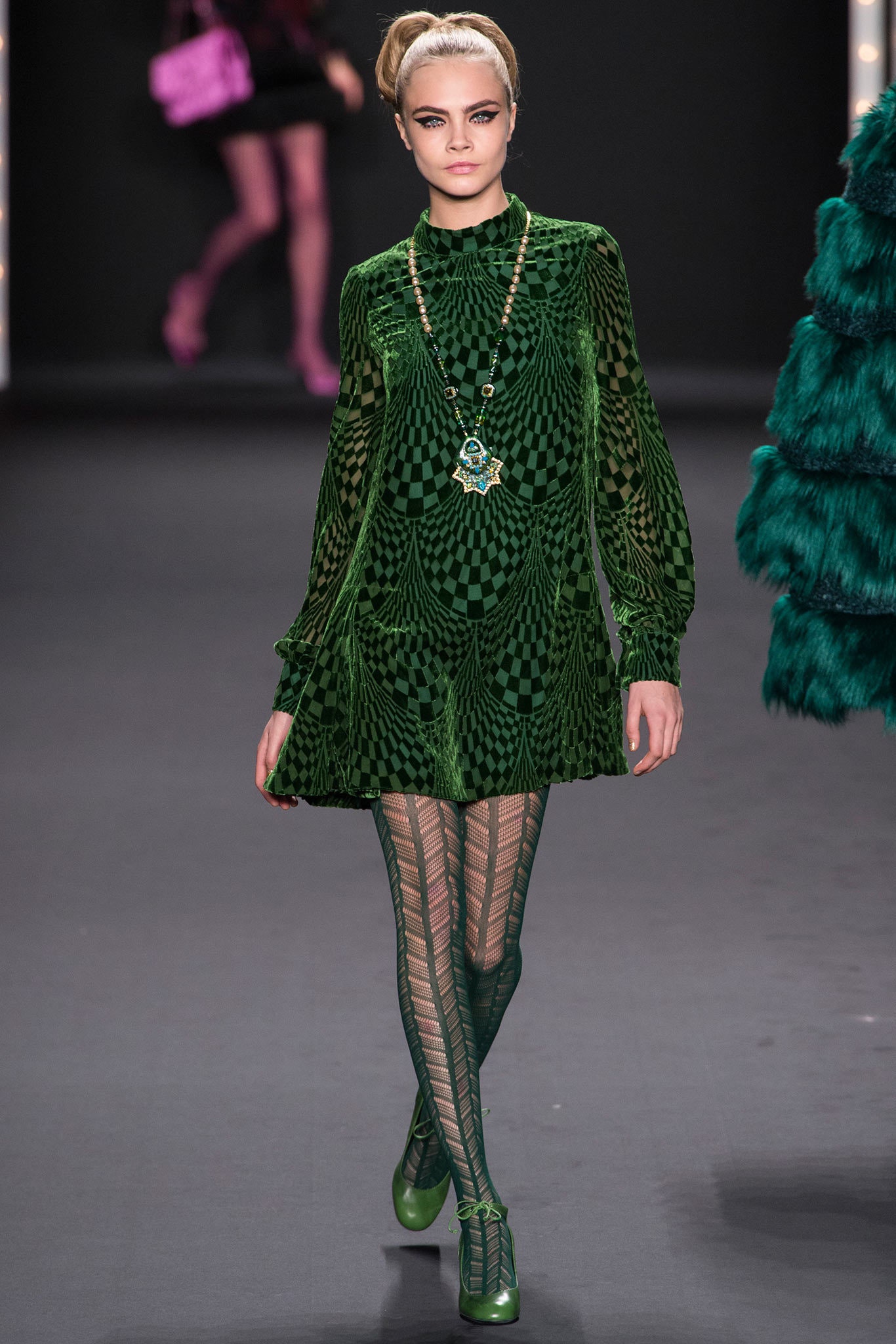 green velvet long-sleeve collared fitted printed a-line dress