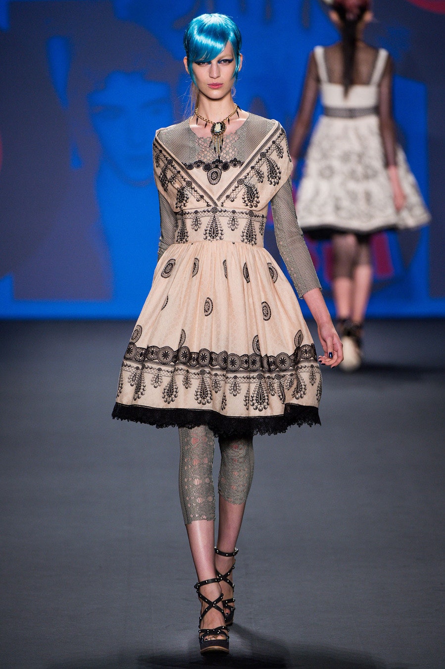 beige cotton long-sleeve v-neck fitted embroidered tiered dress