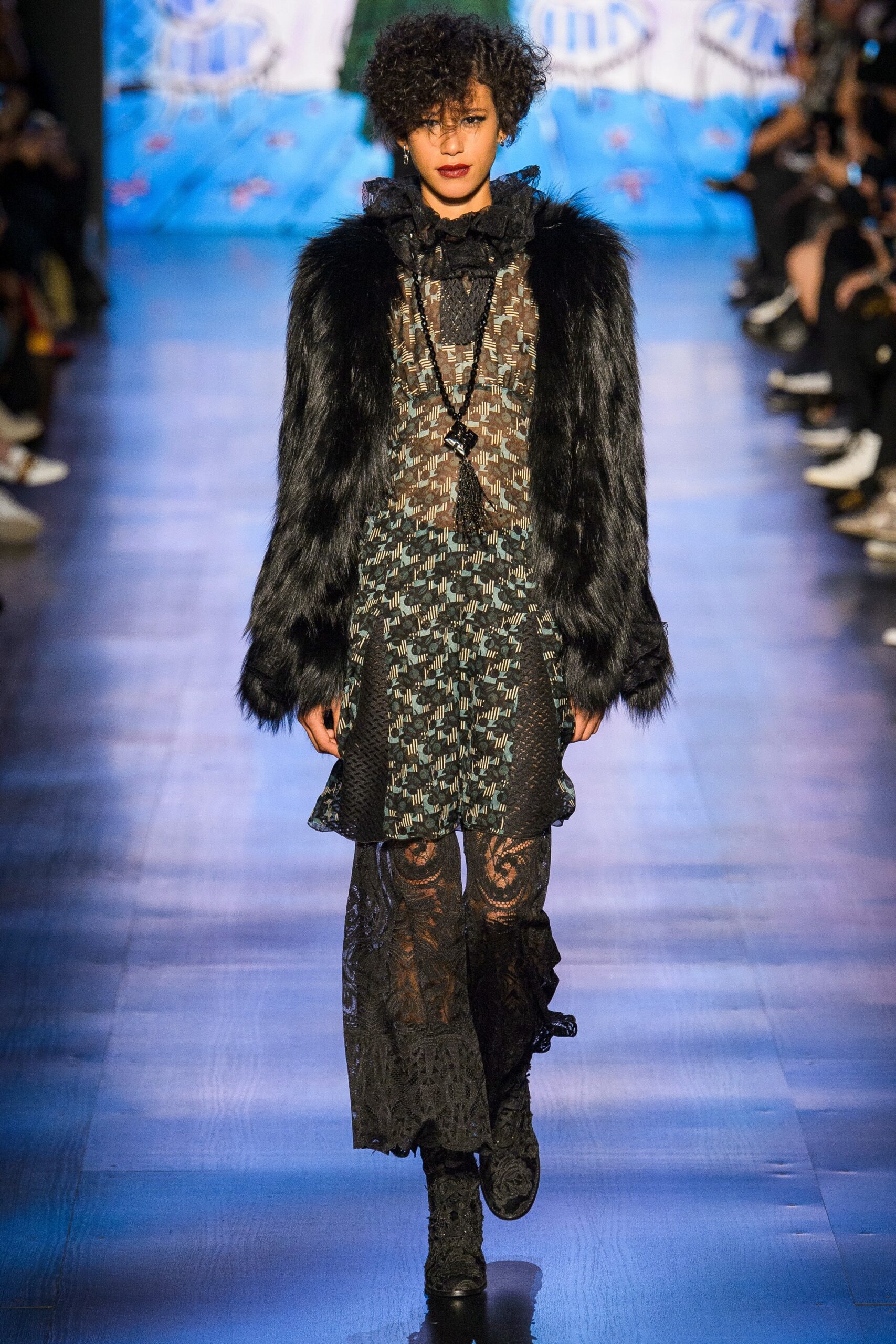 black lace midi dress with faux-fur coat
