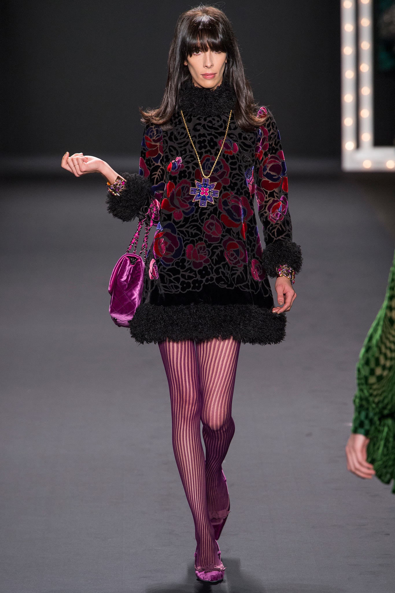 black velvet long-sleeve high-neck fitted embroidered flared dress