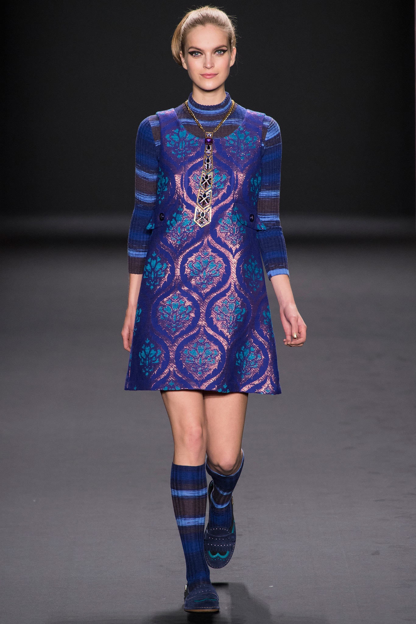 blue silk long-sleeve collared fitted printed a-line dress