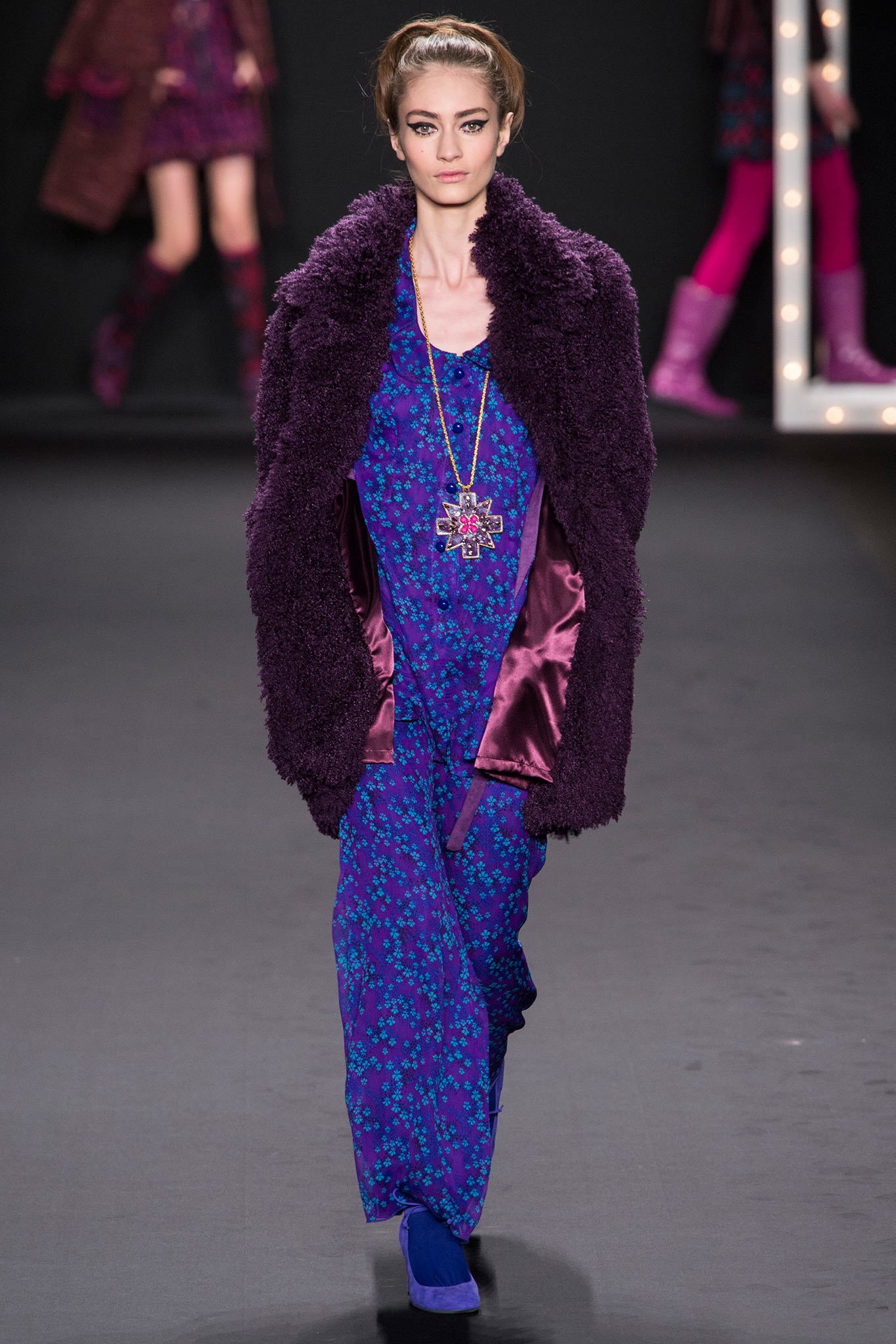 purple faux-fur oversized draped coat