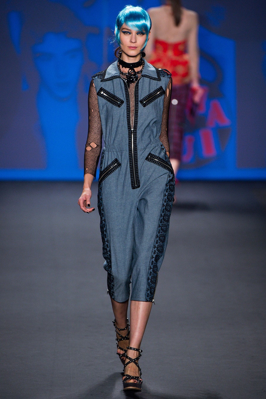 fitted blue denim jumpsuit