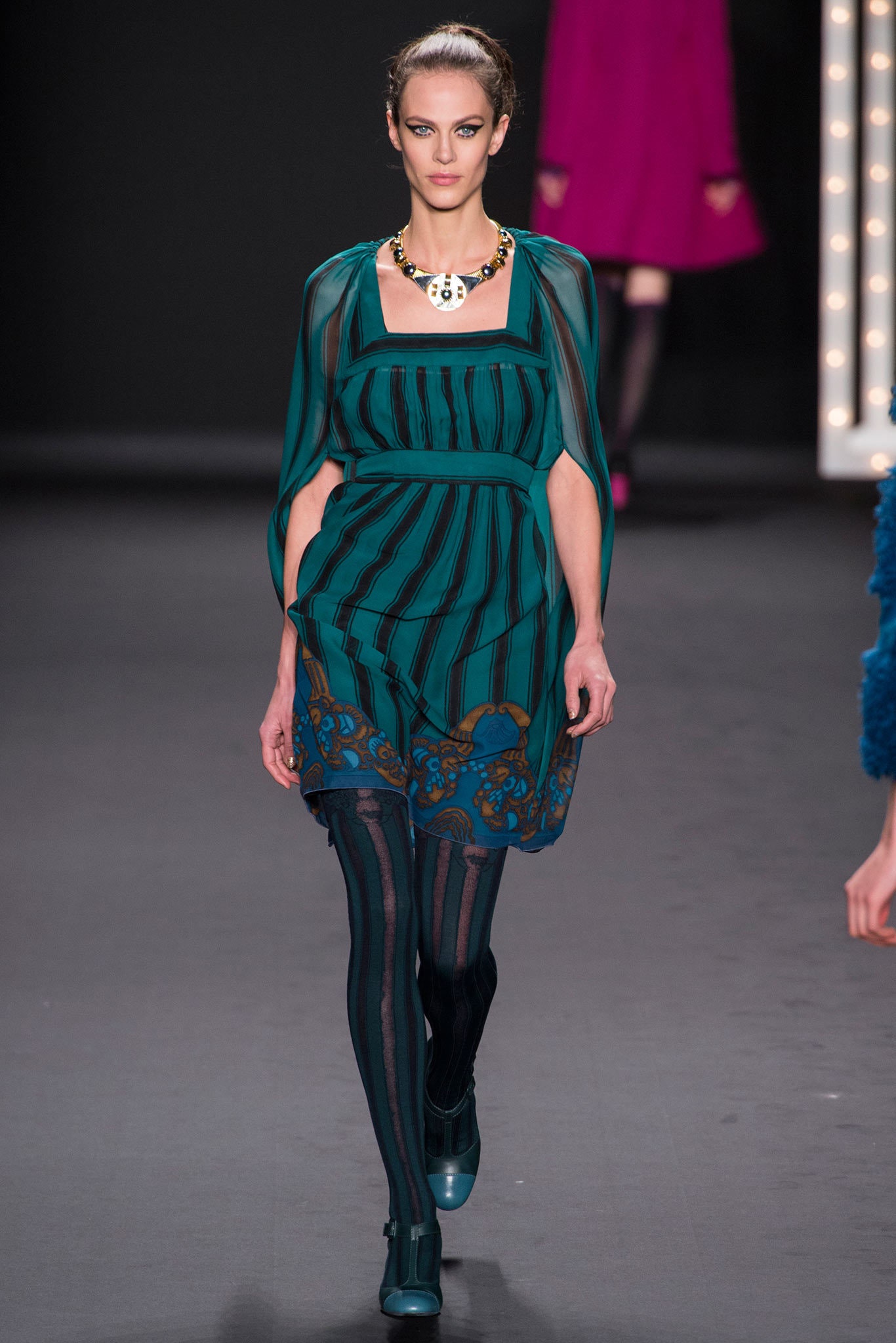 teal silk sleeveless v-neck fitted striped embroidered dress