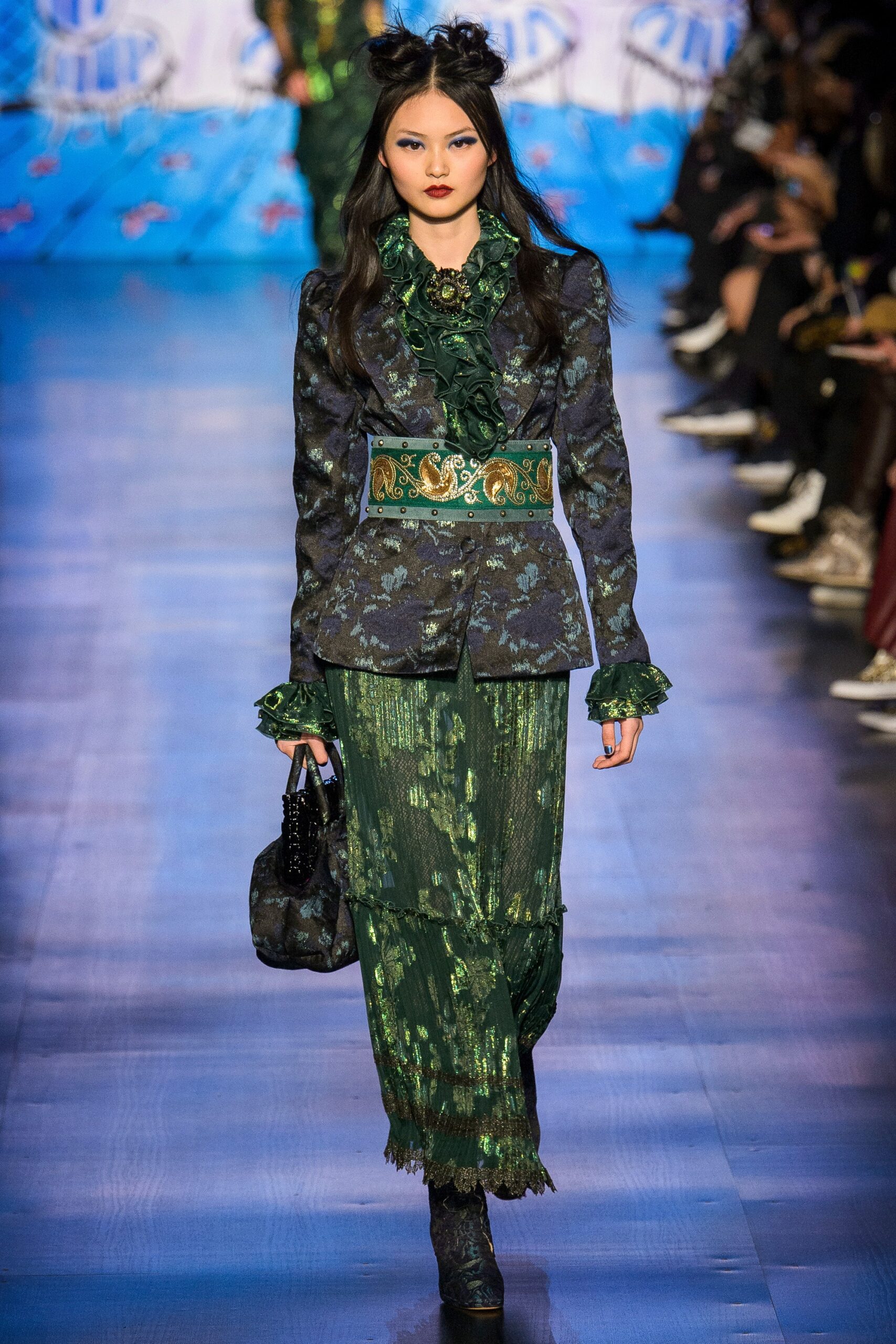 blue green embroidered blazer and skirt