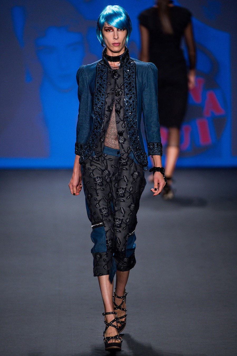 blue denim long-sleeve collared fitted buttoned embroidered jacket