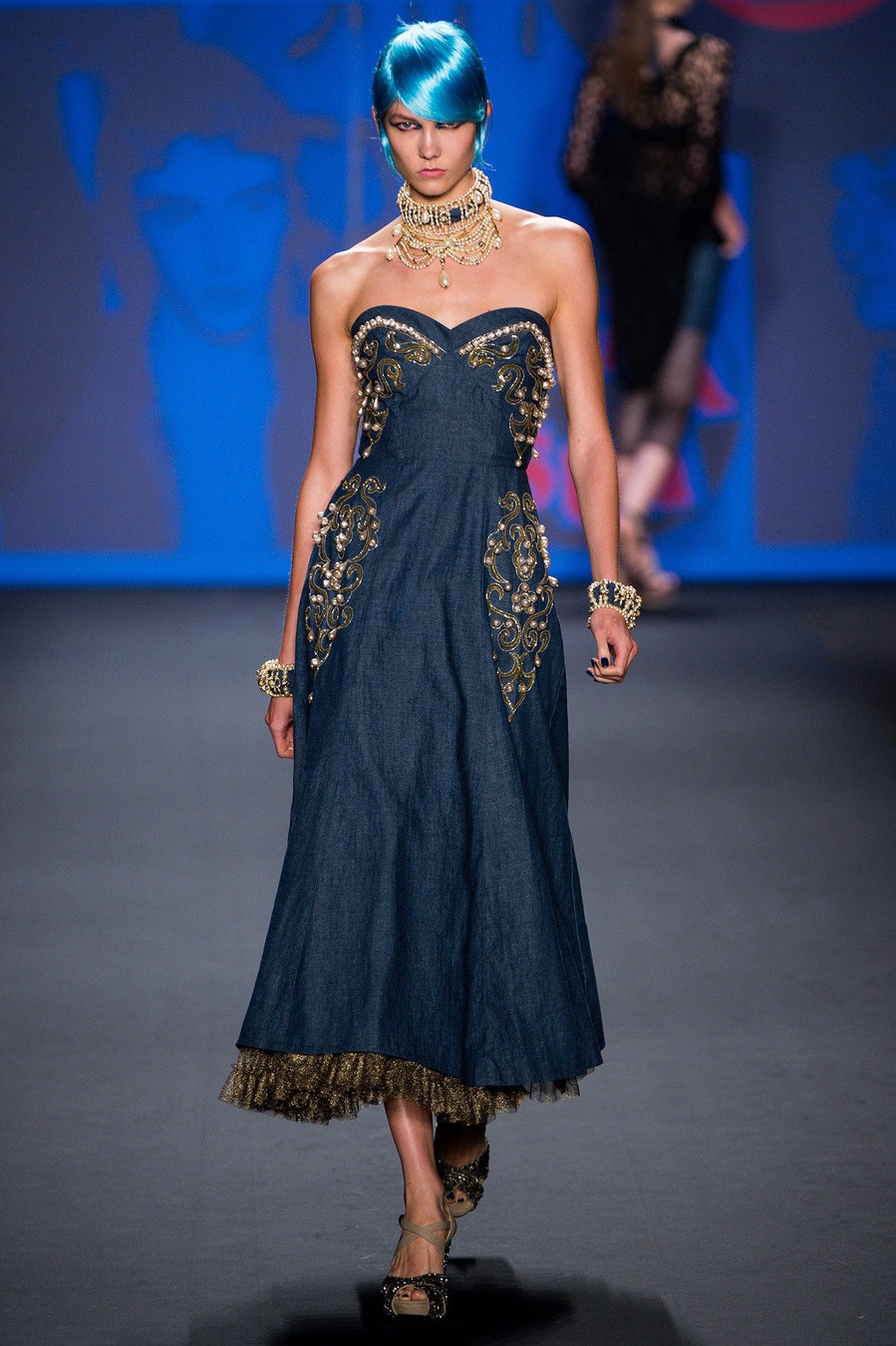 blue denim strapless embroidered dress