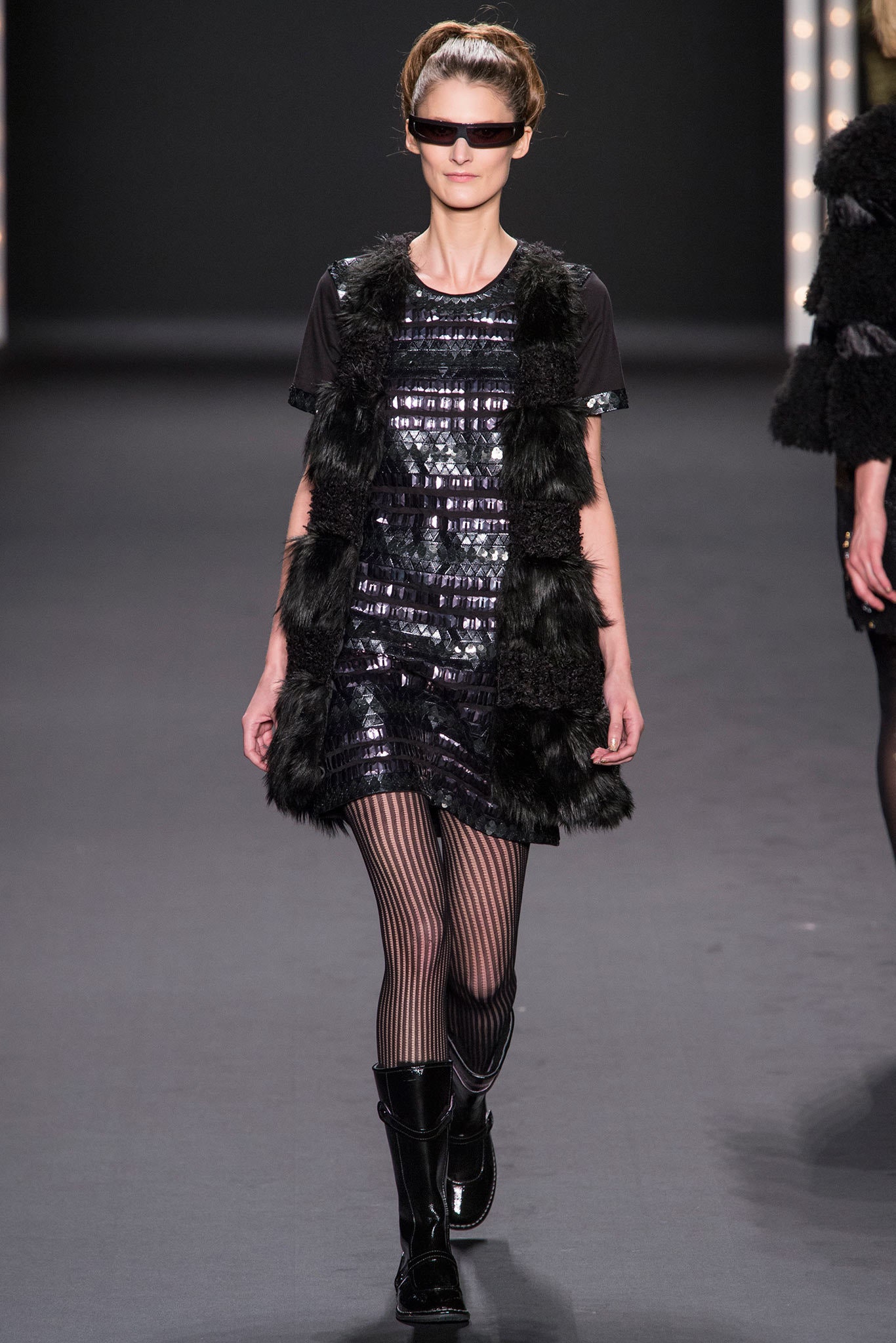 black sequin sleeveless high-neck fitted layered shiny dress