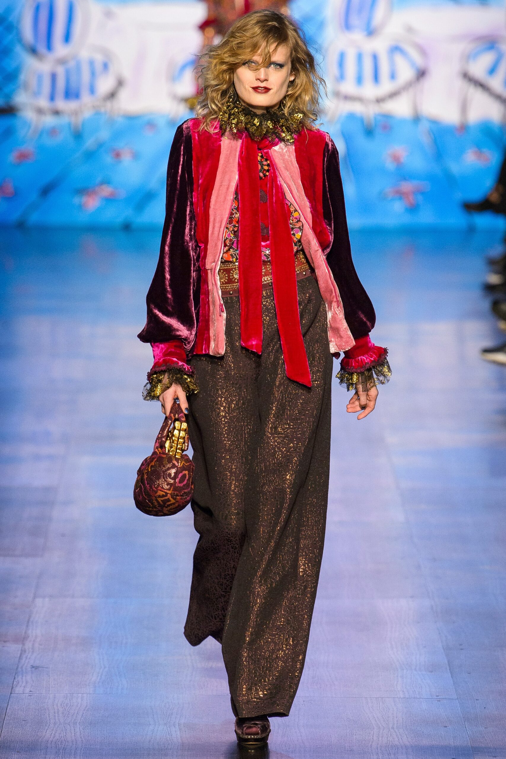 red velvet blouse with wide-leg pants